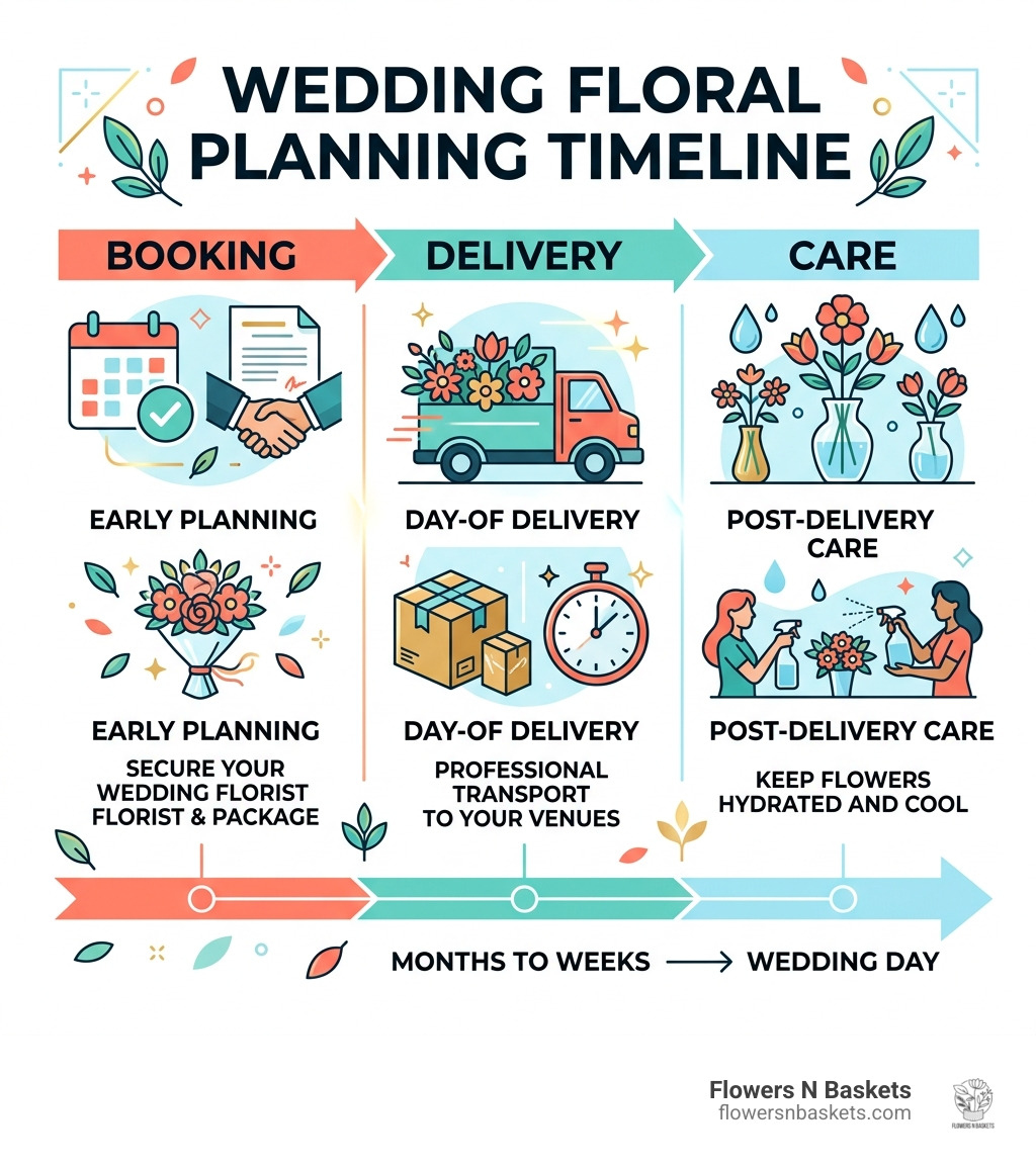 Wedding floral planning timeline infographic showing booking, delivery, and care steps - bridal floral packages infographic