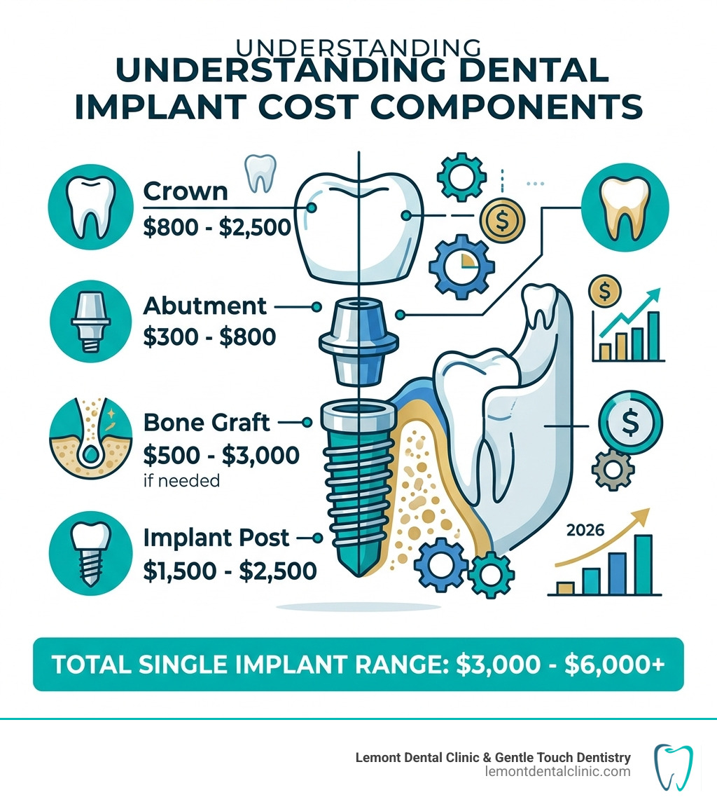 Infographic showing dental implant cost components: implant post $1500-$2500, abutment $300-$800, crown $800-$2500, bone