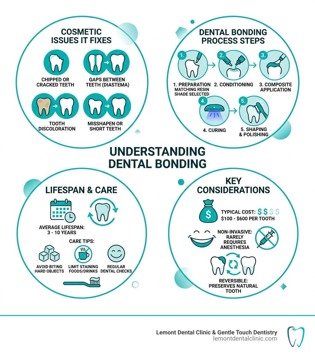 Infographic showing dental bonding process steps, costs, lifespan, and cosmetic issues it fixes - dental bonding for