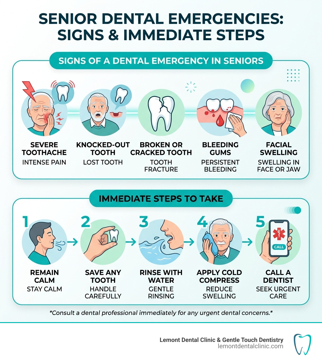 Infographic showing signs of a dental emergency in seniors and steps to take immediately - senior emergency dentistry near