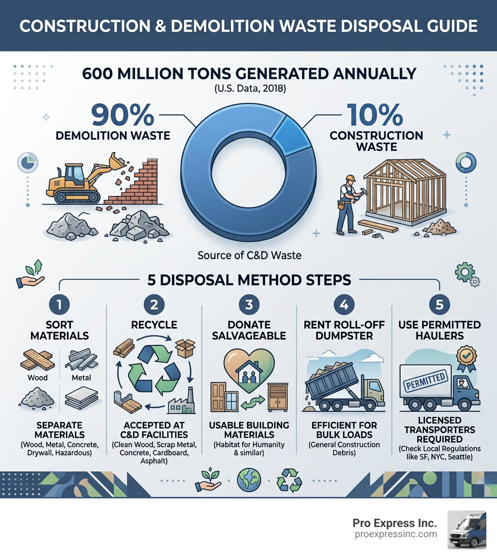 Infographic showing 90% demolition vs 10% construction waste split, with 5 disposal method steps - dispose of construction Infographic showing 90% demolition vs 10% construction waste split, with 5 disposal method steps - dispose of construction
