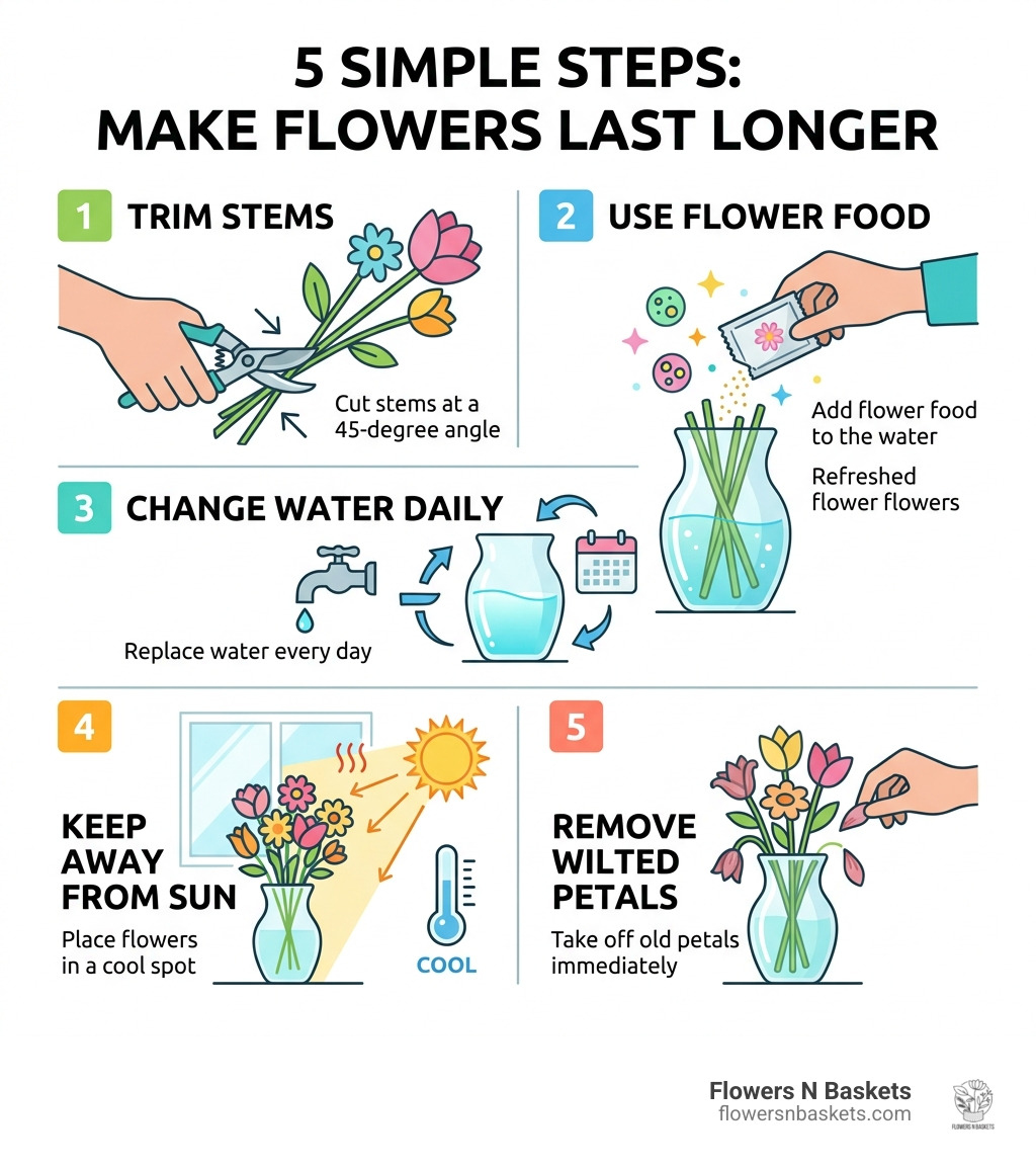 Infographic showing 5 steps to keep fresh flowers lasting longer: trim stems, use flower food, change water daily, keep away