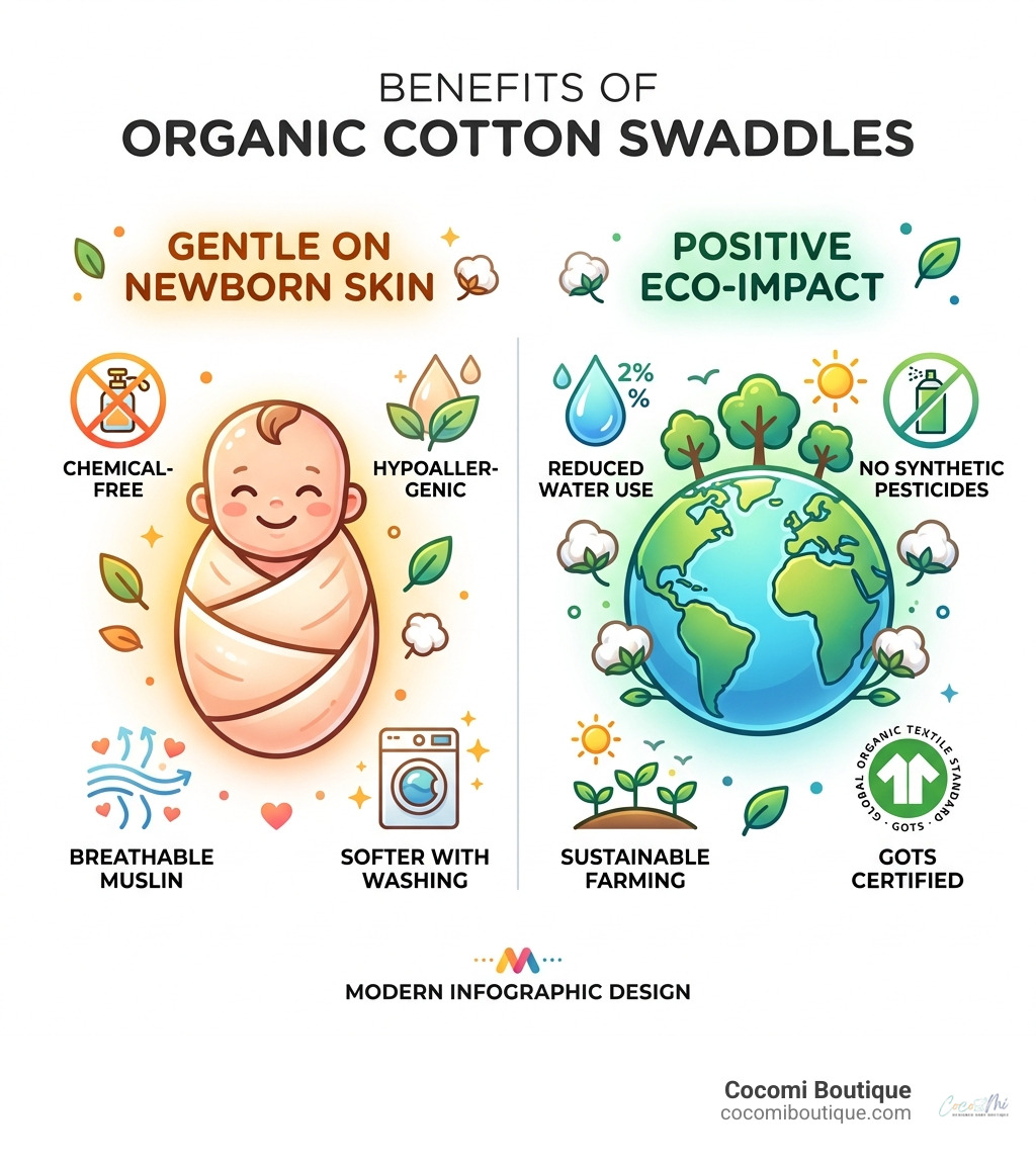 Infographic showing benefits of organic cotton swaddles for newborn skin health and eco-impact - Organic cotton swaddle Infographic showing benefits of organic cotton swaddles for newborn skin health and eco-impact - Organic cotton swaddle