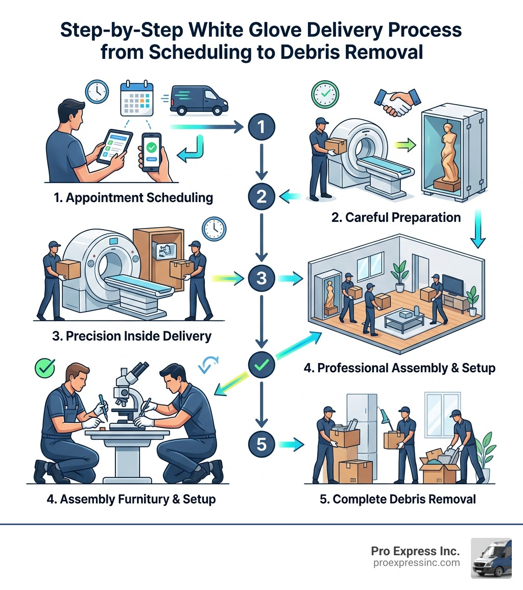 Step-by-step white glove delivery process from scheduling to debris removal - white glove service meaning infographic Step-by-step white glove delivery process from scheduling to debris removal - white glove service meaning infographic