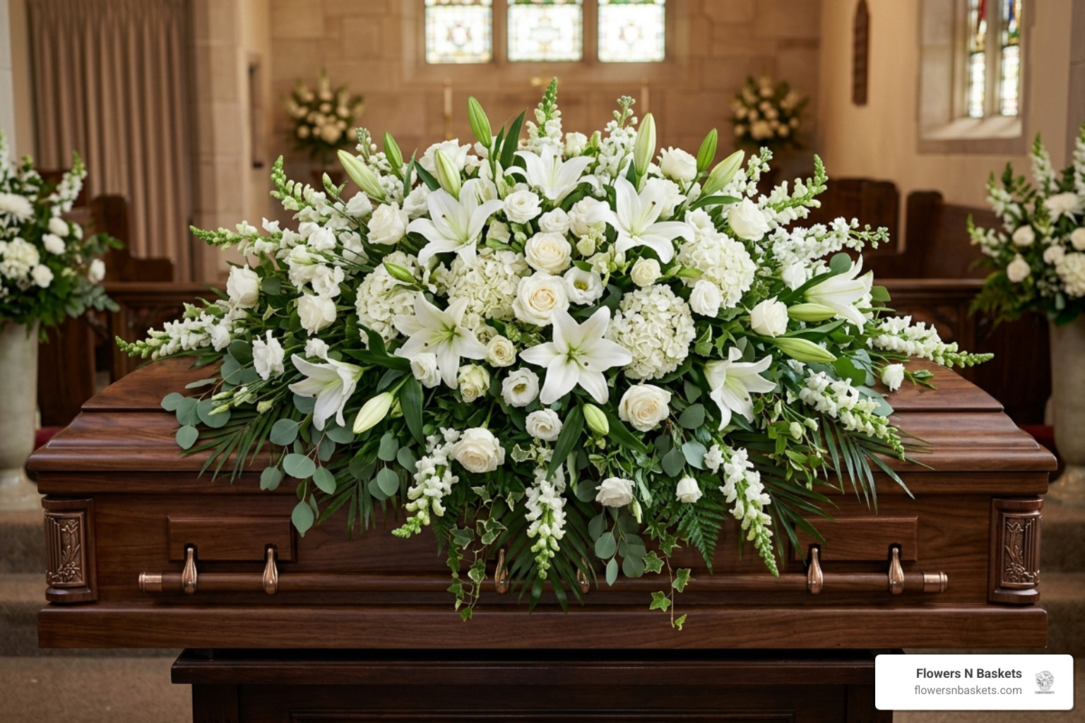 Elegant full couch casket spray with white lilies and greenery - flower sprays for caskets