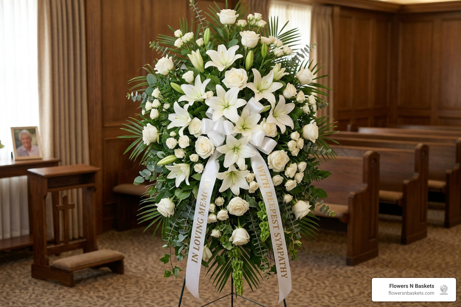 A classic standing easel spray featuring white lilies and roses - affordable funeral flowers tampa