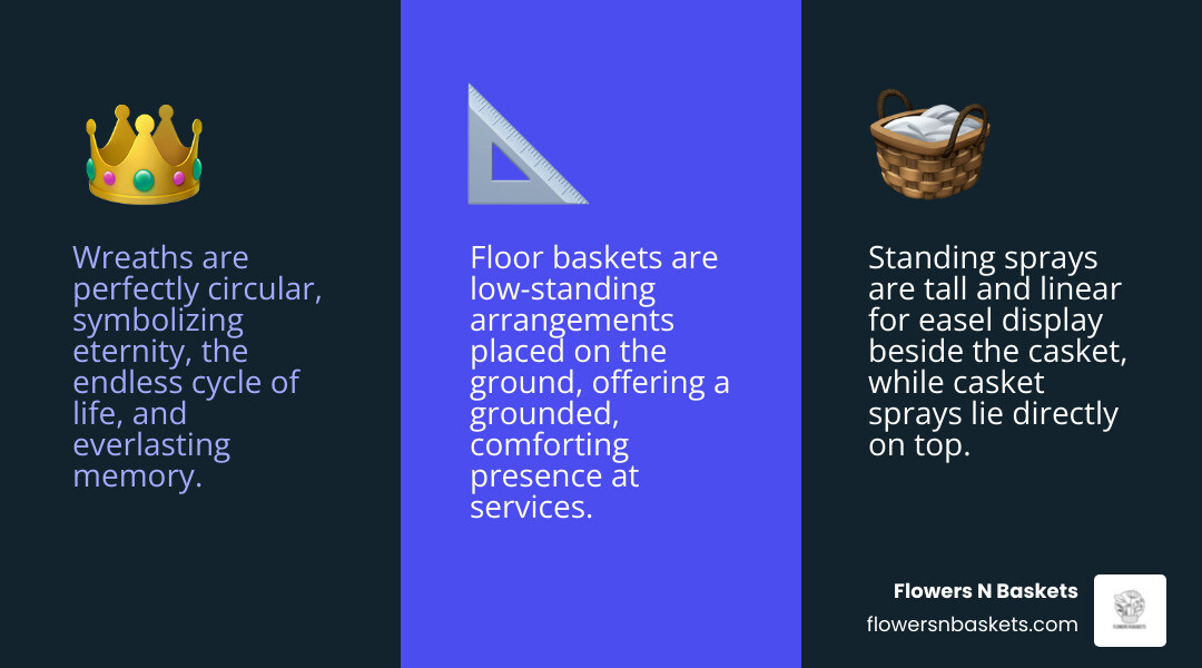 Infographic comparing funeral wreaths, standing sprays, and floor baskets for sympathy tributes - funeral wreath flower