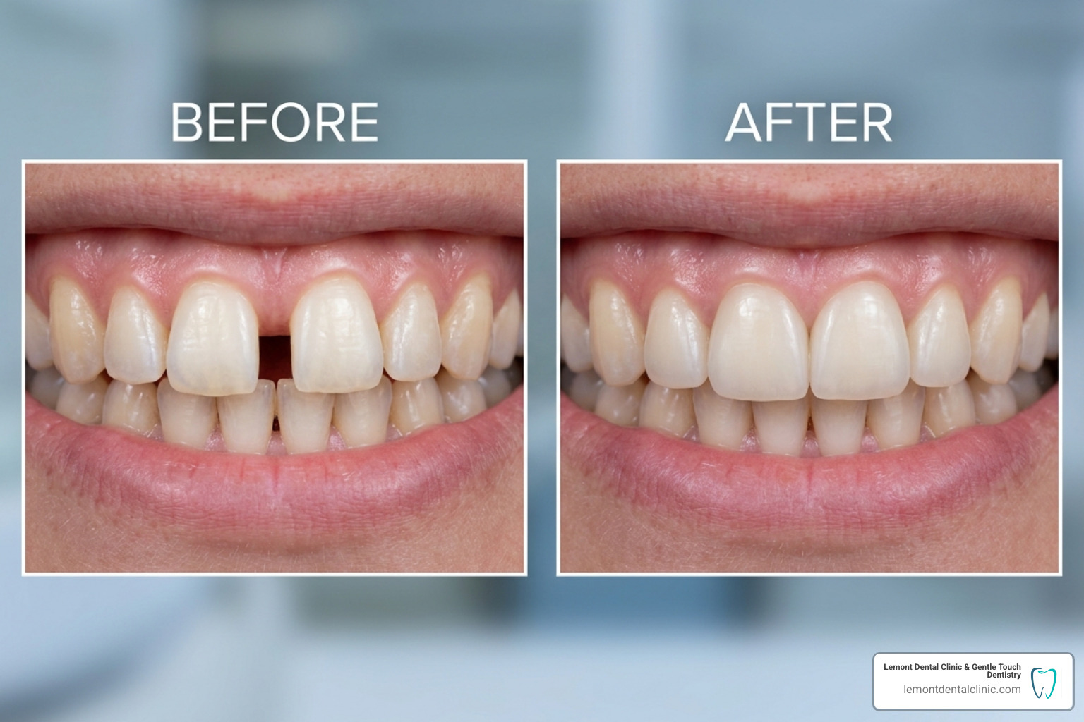 Before and after image of a gap closure using dental bonding - dental bonding for aesthetics