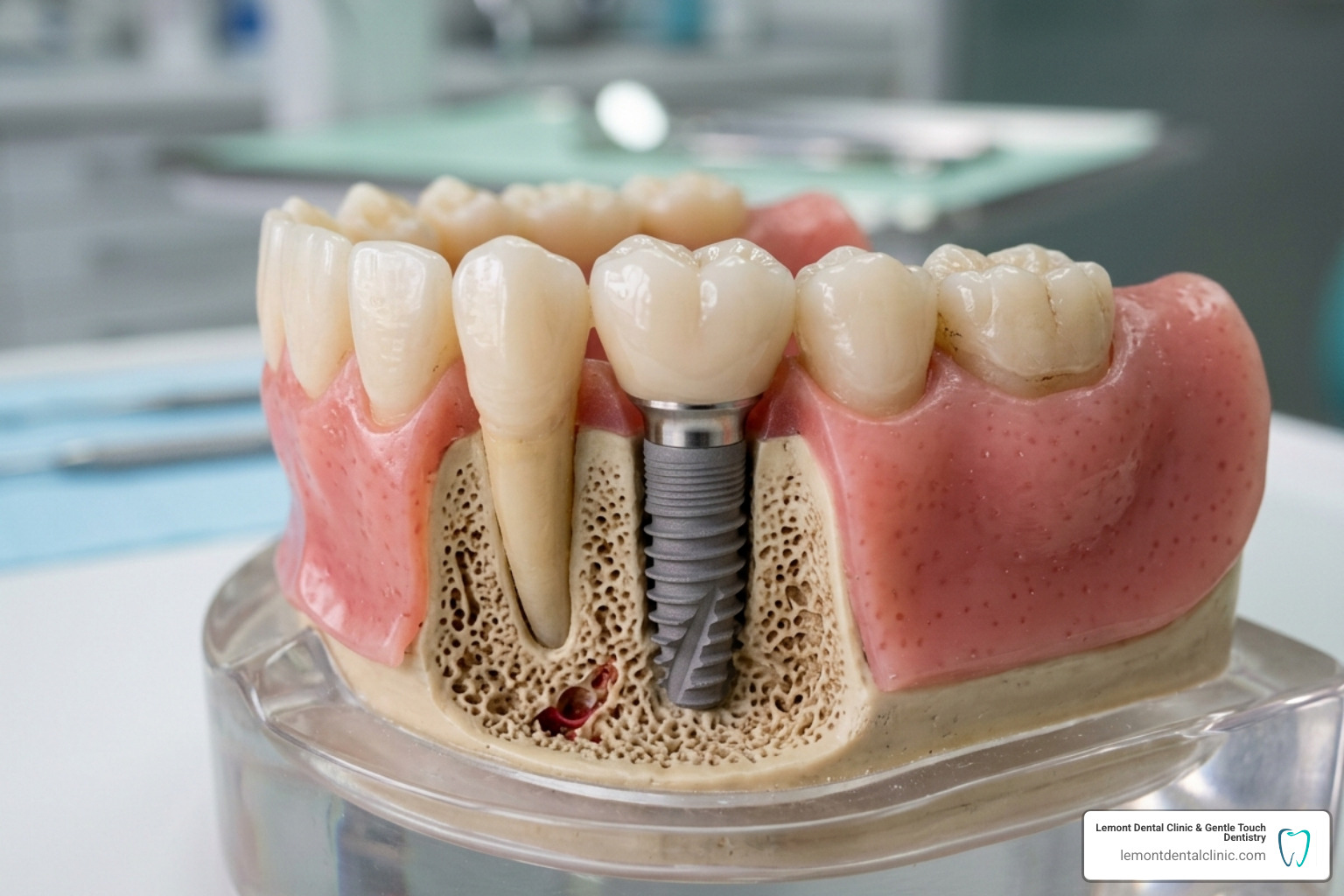 Dental implant model showing bone structure and crown - what are adjunctive dental services