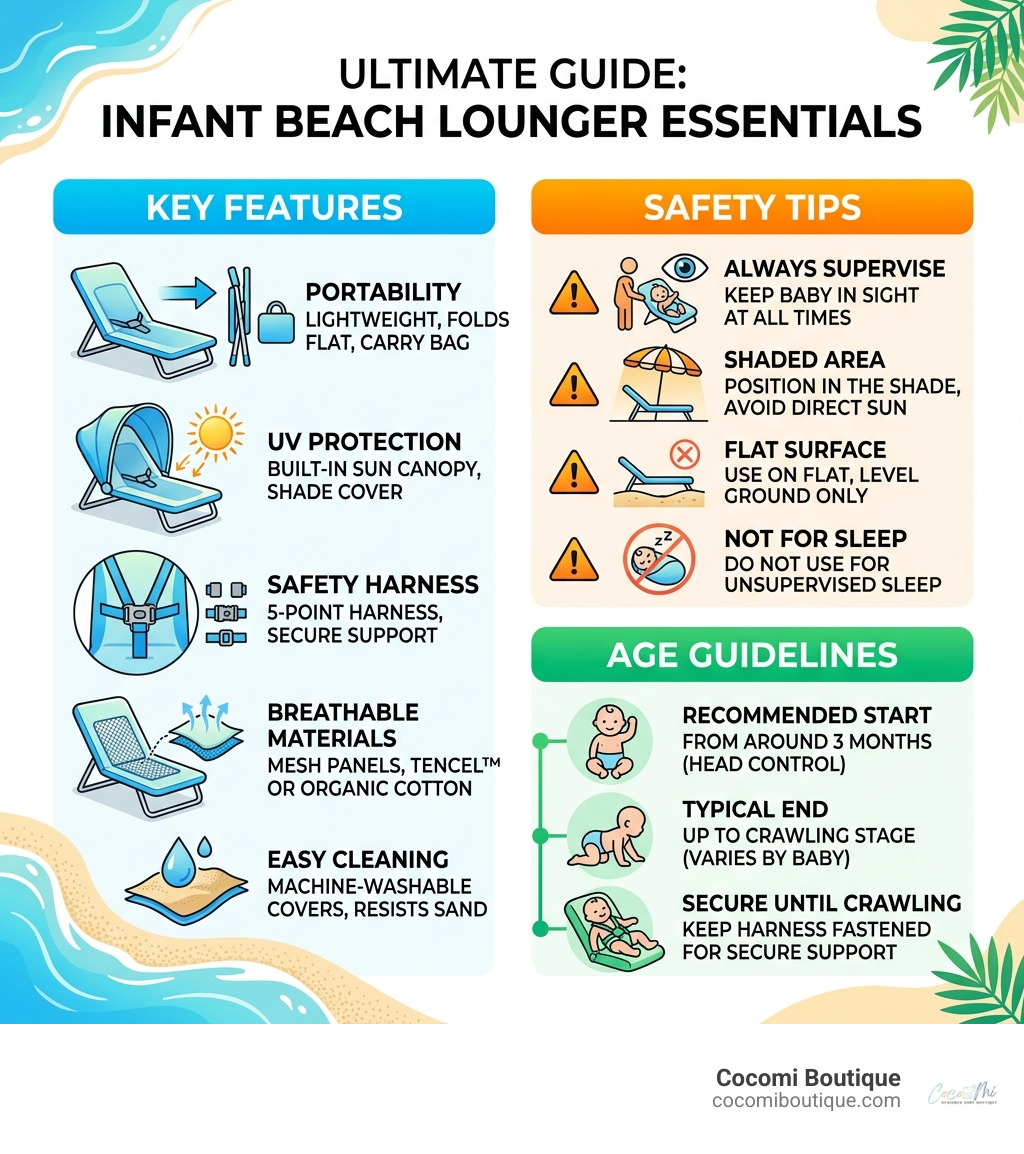 Infographic showing key features, safety tips, and age guidelines for an infant beach lounger - infant beach lounger