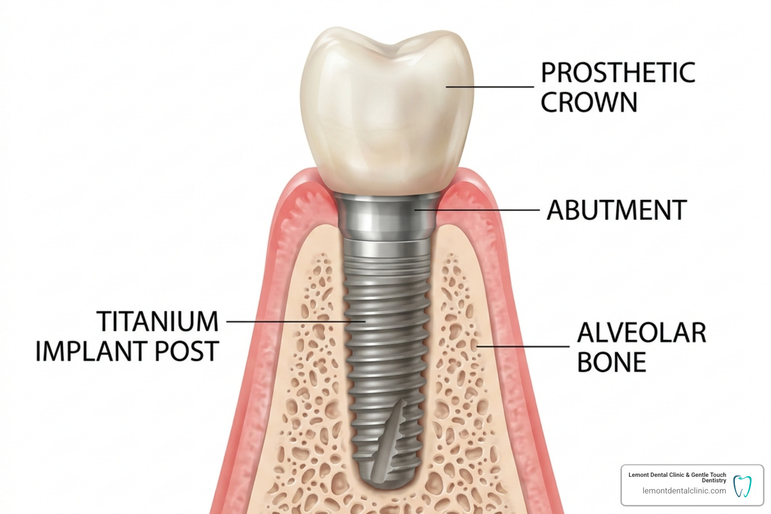 Illustration of a titanium post, abutment, and prosthetic crown - full mouth dental implants