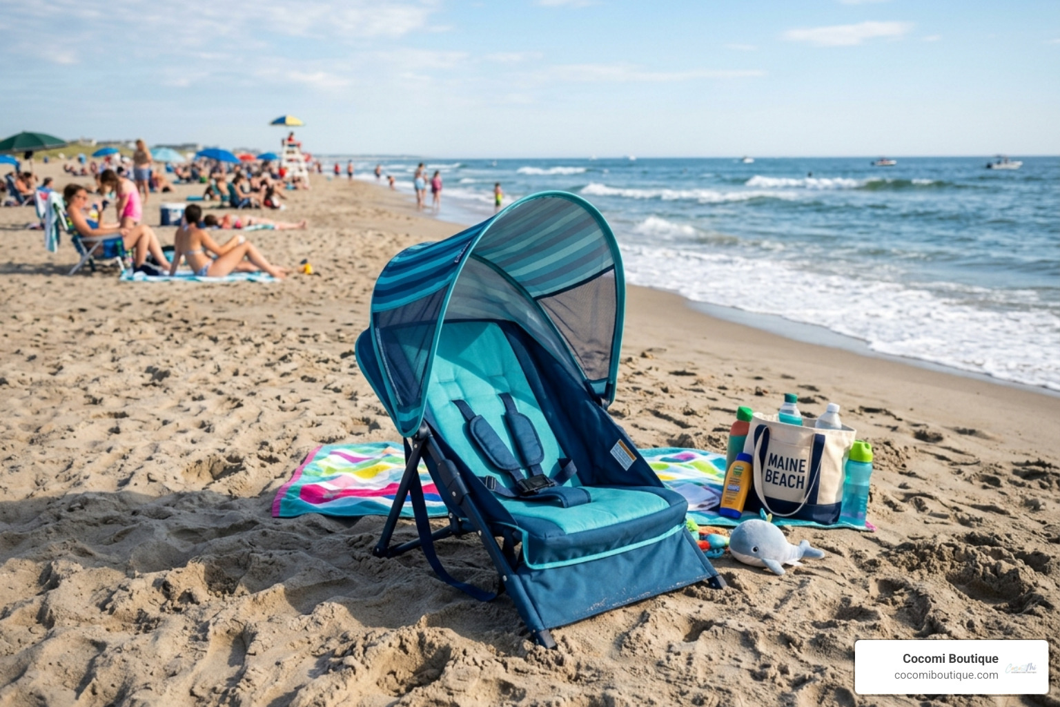 Infant beach lounger with a protective sun canopy on the sand - infant beach lounger