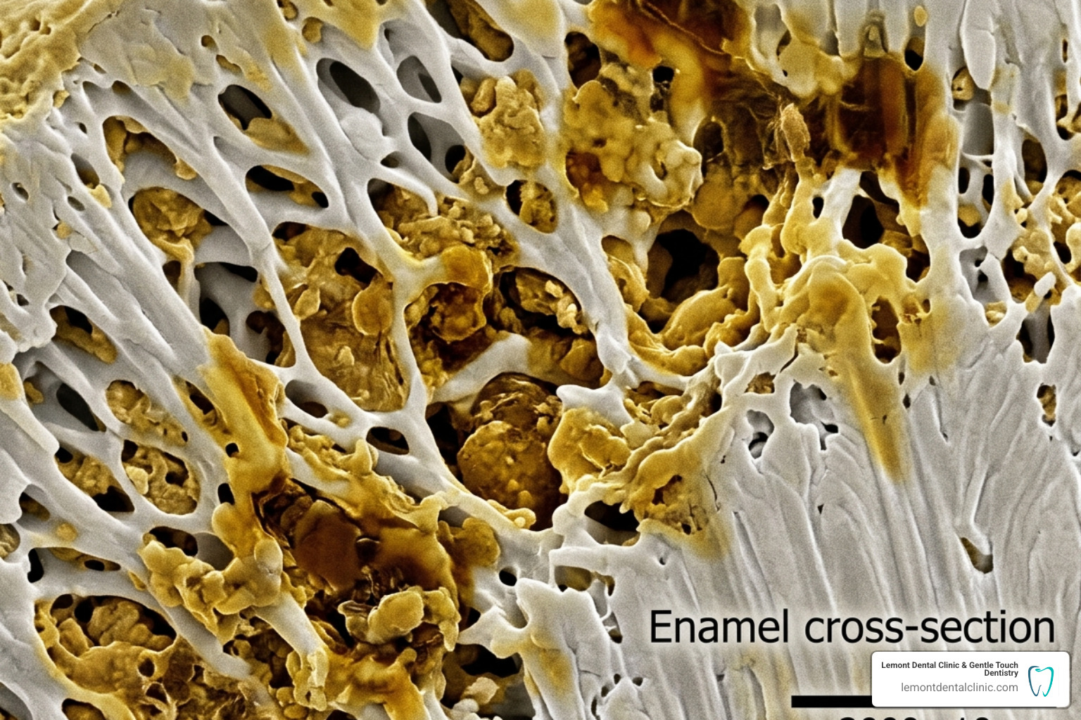 microscopic view of tooth enamel pores with tobacco residue - remove tobacco stains from teeth