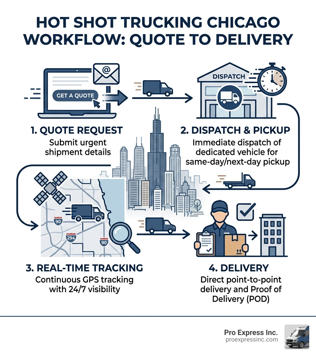 Hot shot trucking Chicago workflow infographic: quote request to dispatch to real-time tracking to delivery - hot shot Hot shot trucking Chicago workflow infographic: quote request to dispatch to real-time tracking to delivery - hot shot