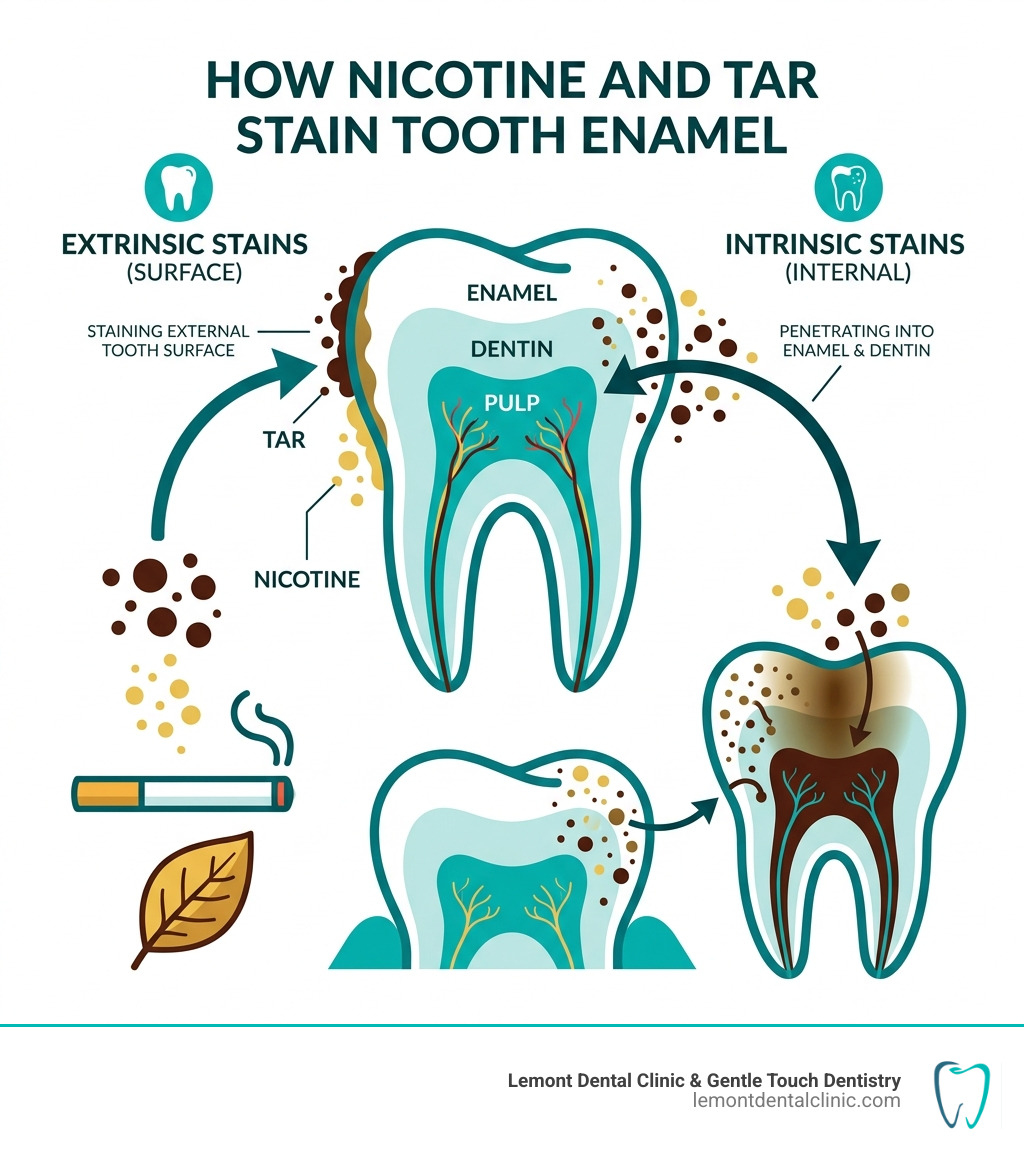 How nicotine and tar penetrate tooth enamel causing extrinsic and intrinsic tobacco stains - remove tobacco stains from