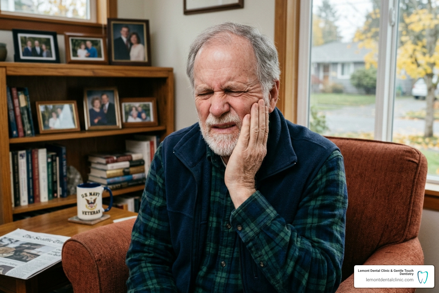Senior man holding his jaw in pain, illustrating common dental emergency symptoms - senior emergency dentistry near