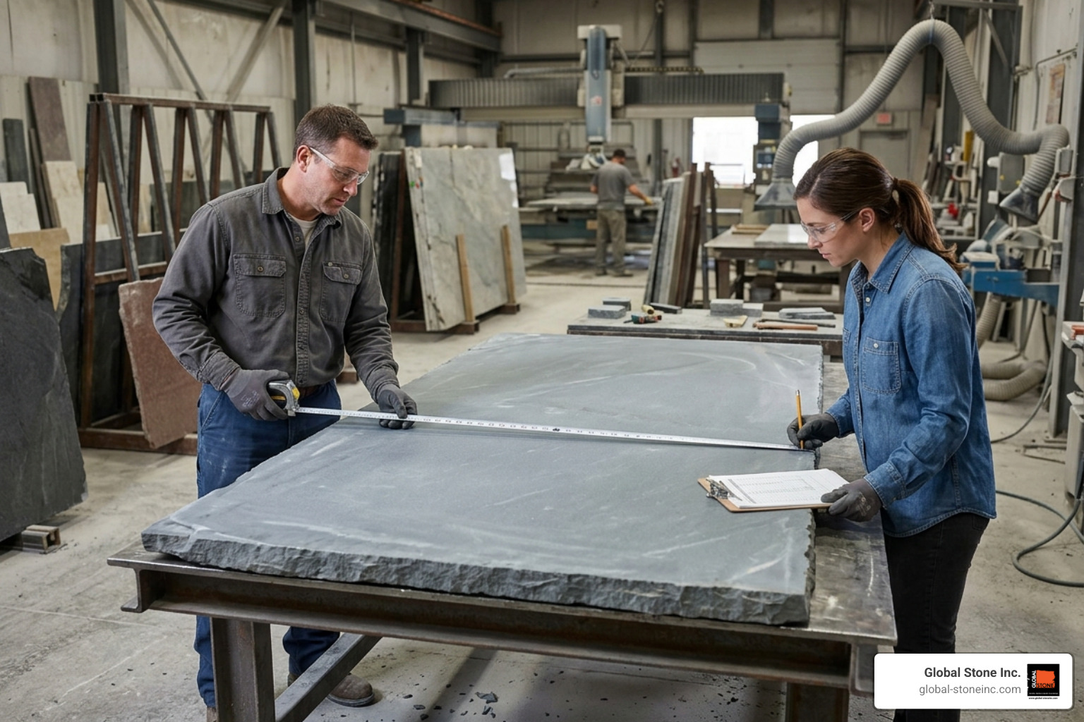 Professional fabricators measuring a large slate gray stone slab - slate gray countertops