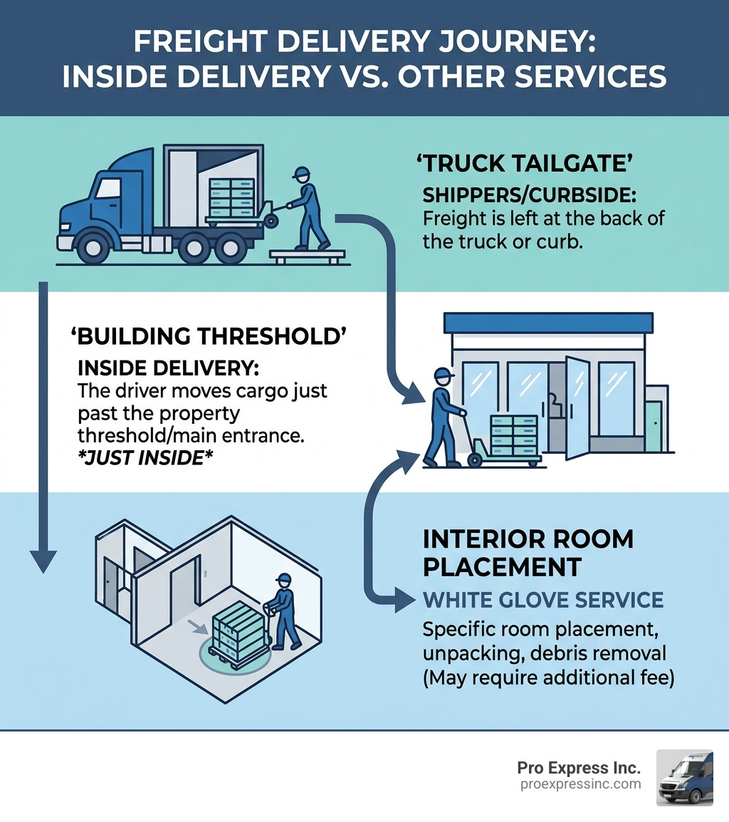 Infographic showing shipment journey from truck tailgate to building threshold to interior room placement - inside delivery Infographic showing shipment journey from truck tailgate to building threshold to interior room placement - inside delivery