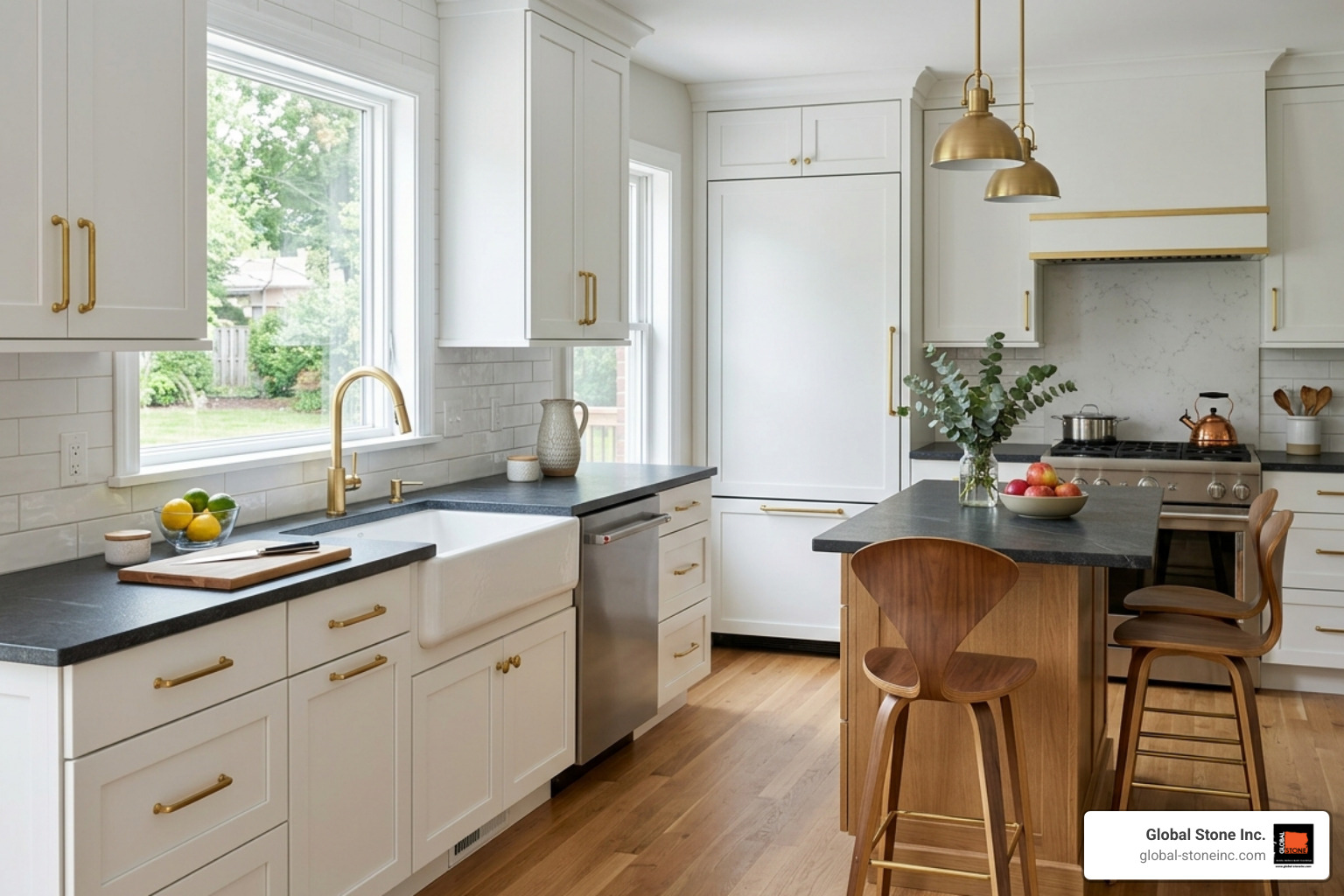 Slate gray countertops paired with white cabinets and gold hardware - slate gray countertops