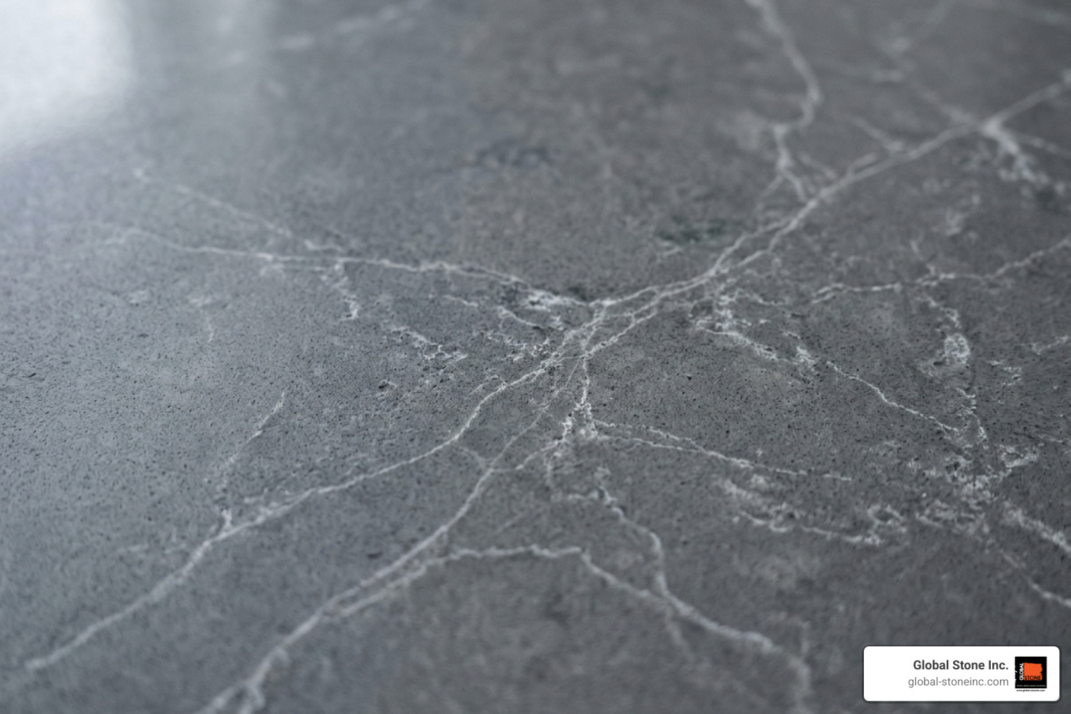 Close-up of a slate gray quartz slab with subtle white veining - slate gray countertops