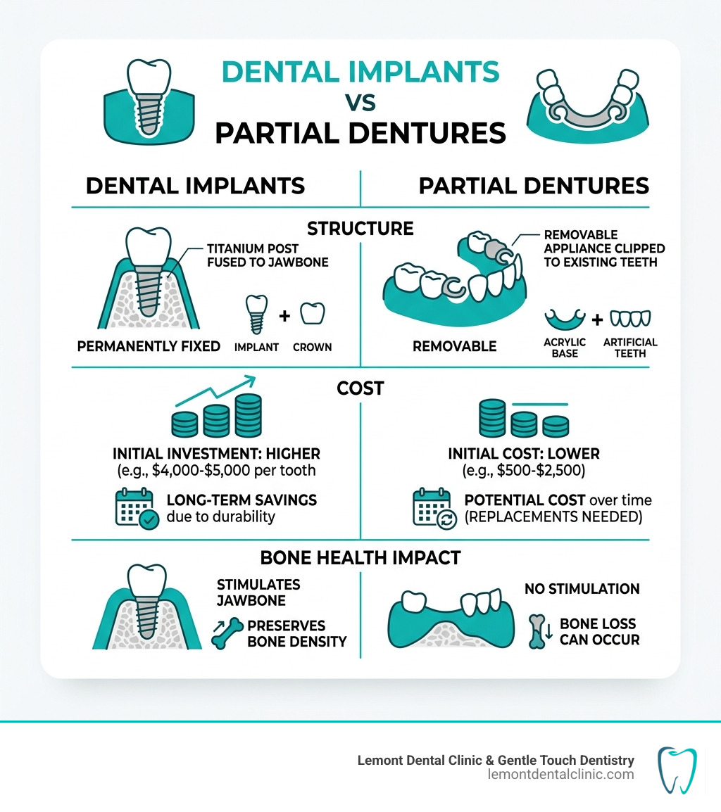 Infographic comparing dental implants vs partial dentures structure, cost, and bone health impact - dental implants vs