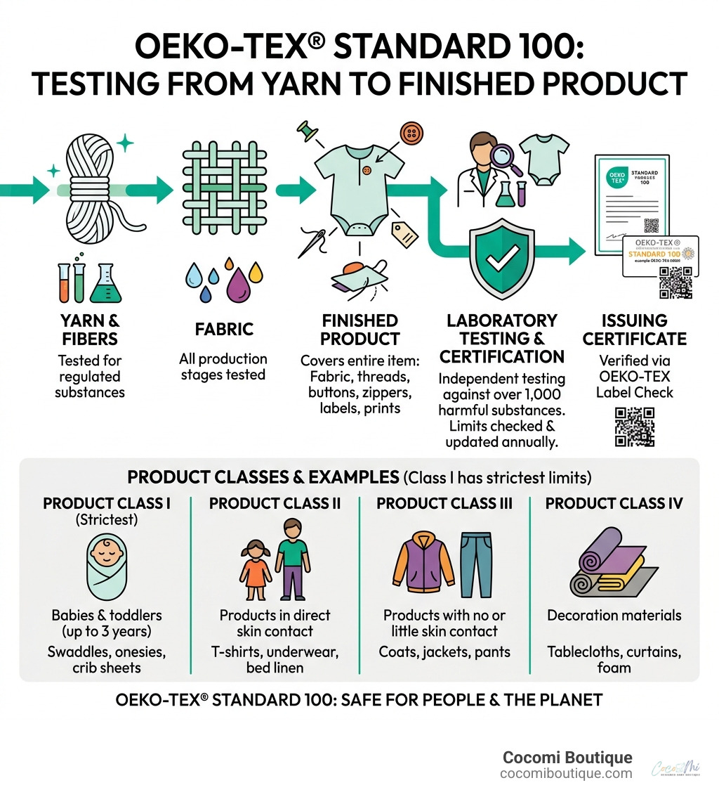 Infographic showing OEKO-TEX Standard 100 testing process from yarn to finished product with product classes - OEKO-TEX