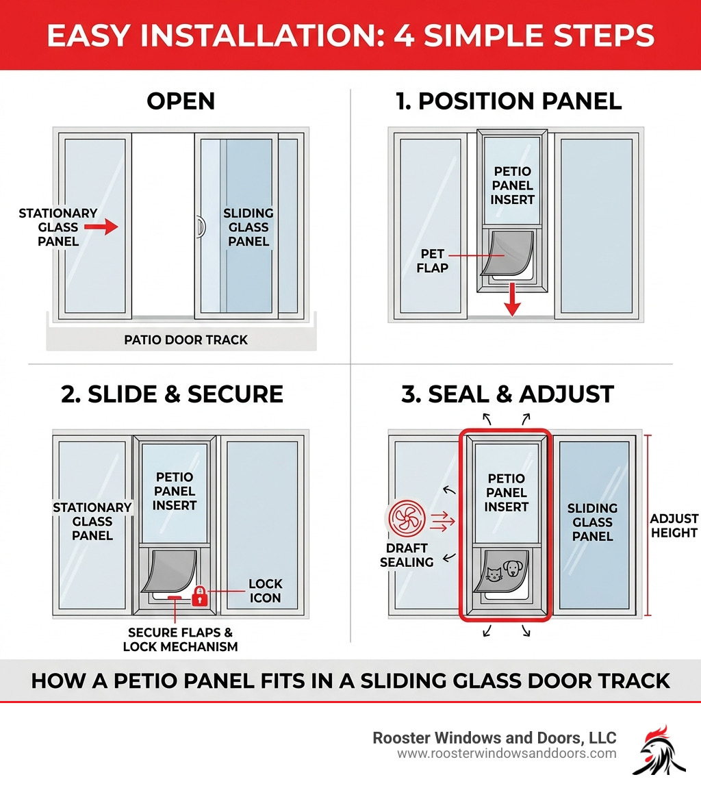 infographic showing how a patio panel pet door insert fits into a sliding glass door track - pet door insert for sliding
