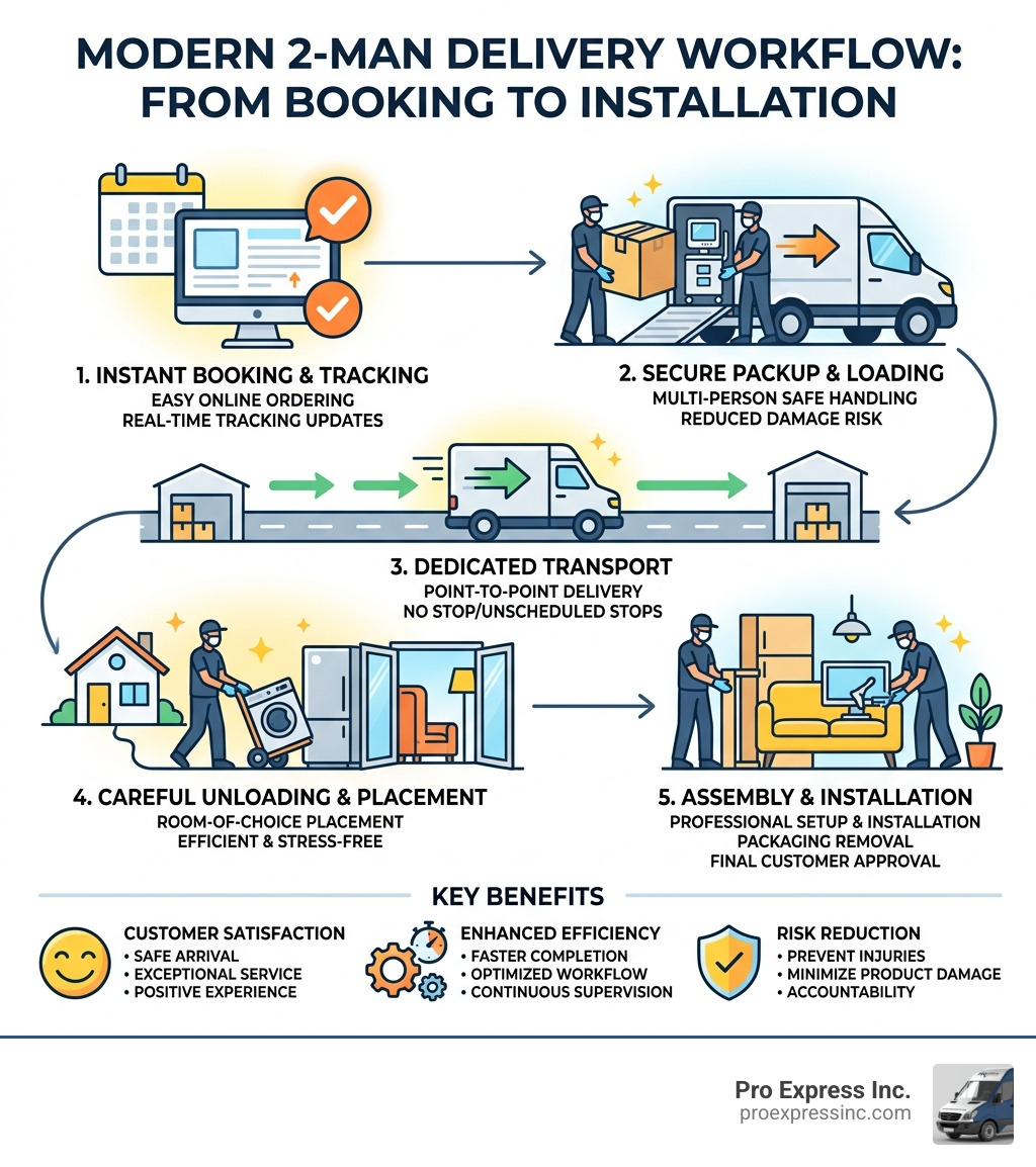 2-man delivery workflow infographic from booking to final installation with key steps and benefits - 2 man courier service