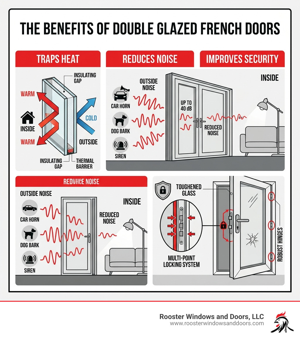 infographic showing how double glazing traps heat, reduces noise, and improves security in French doors - double glazed