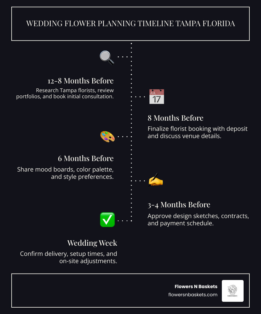 Wedding flower planning timeline infographic from booking to wedding day in Tampa Florida - wedding flowers tampa florida