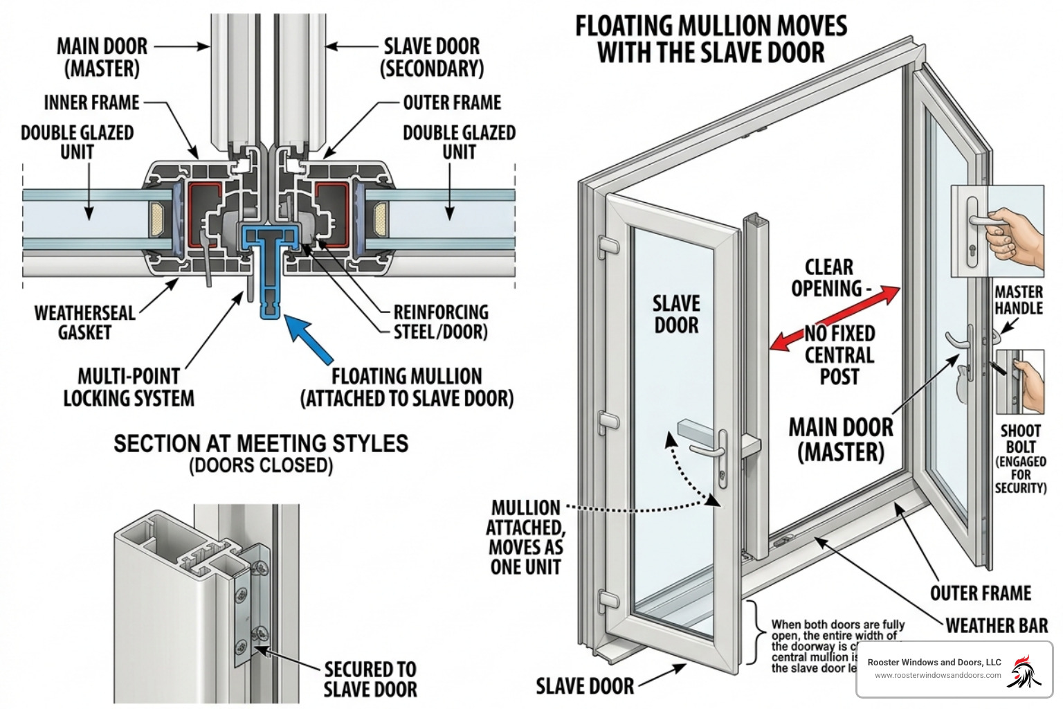 diagram of a floating mullion design on a French door - double glazed french doors