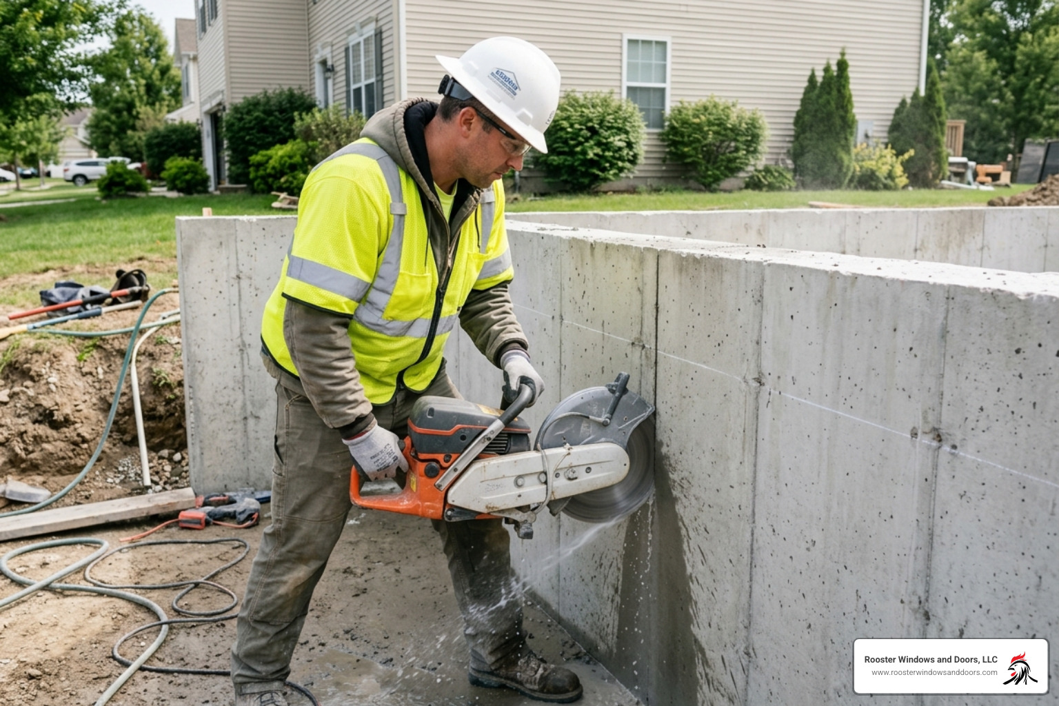 Professional contractor using a diamond-blade saw to cut a foundation wall for an egress window - Egress window Chicago Professional contractor using a diamond-blade saw to cut a foundation wall for an egress window - Egress window Chicago