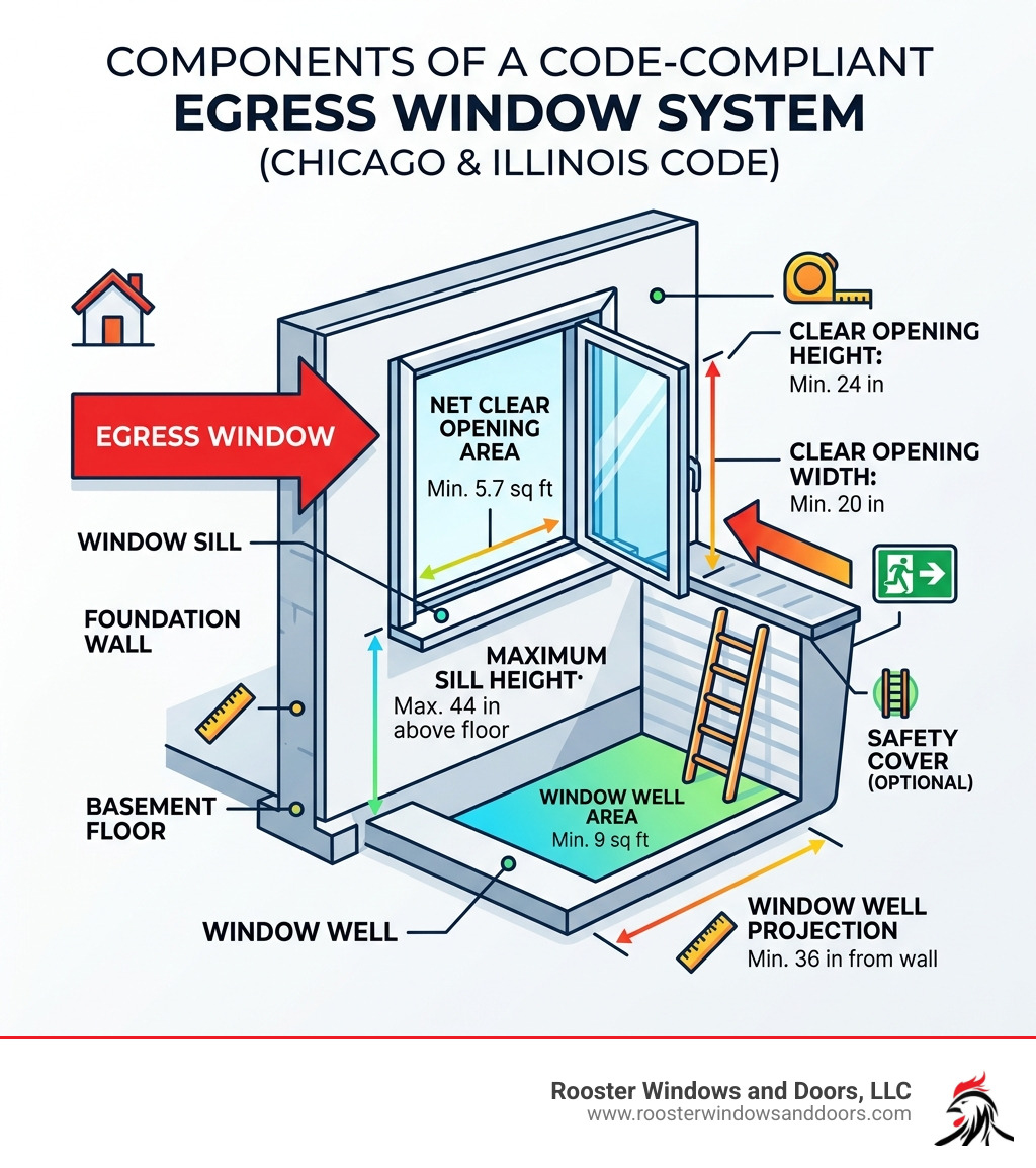 Infographic showing components of a code-compliant egress window system with labeled dimensions - Egress window Chicago Infographic showing components of a code-compliant egress window system with labeled dimensions - Egress window Chicago