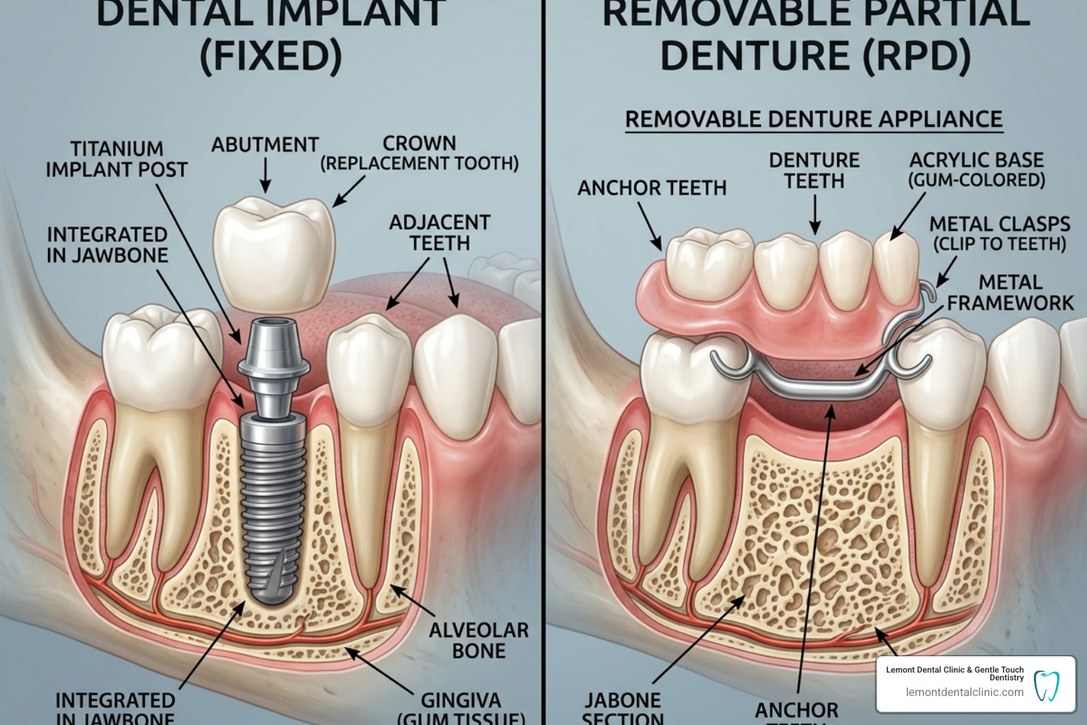 Comparison of a single dental implant and a removable partial denture side-by-side - dental implants vs partial dentures
