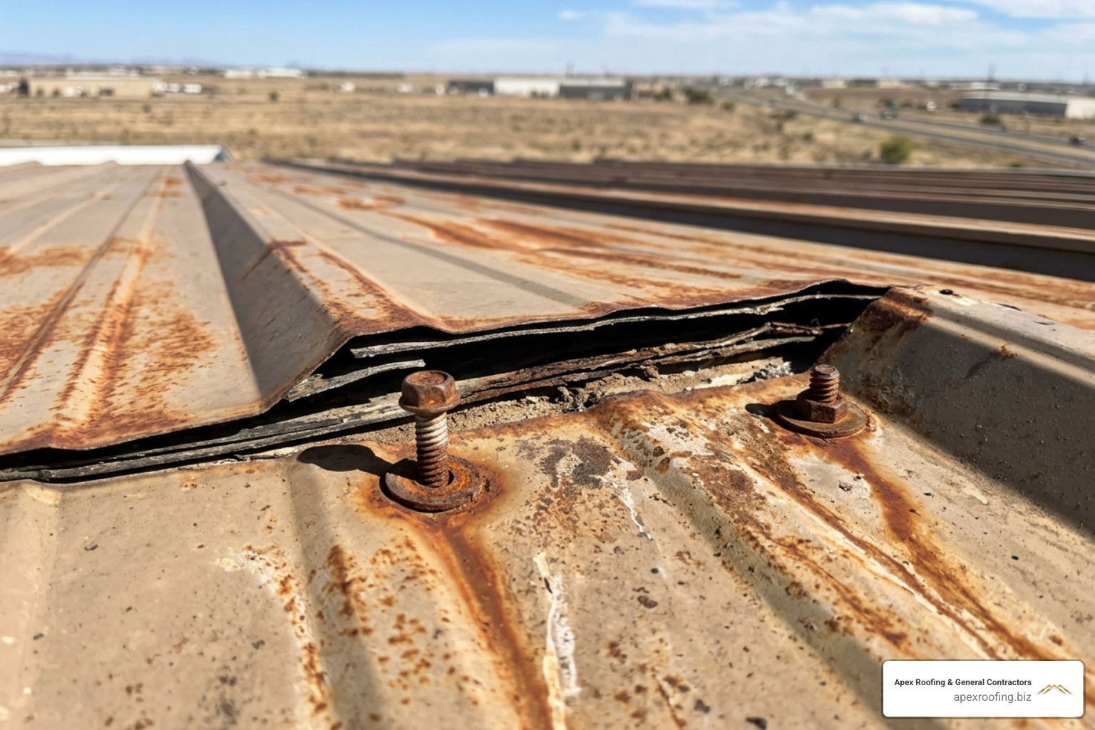 Surface rust, loose fasteners, and seam separation on an aging metal roof panel - metal roof restoration San Antonio