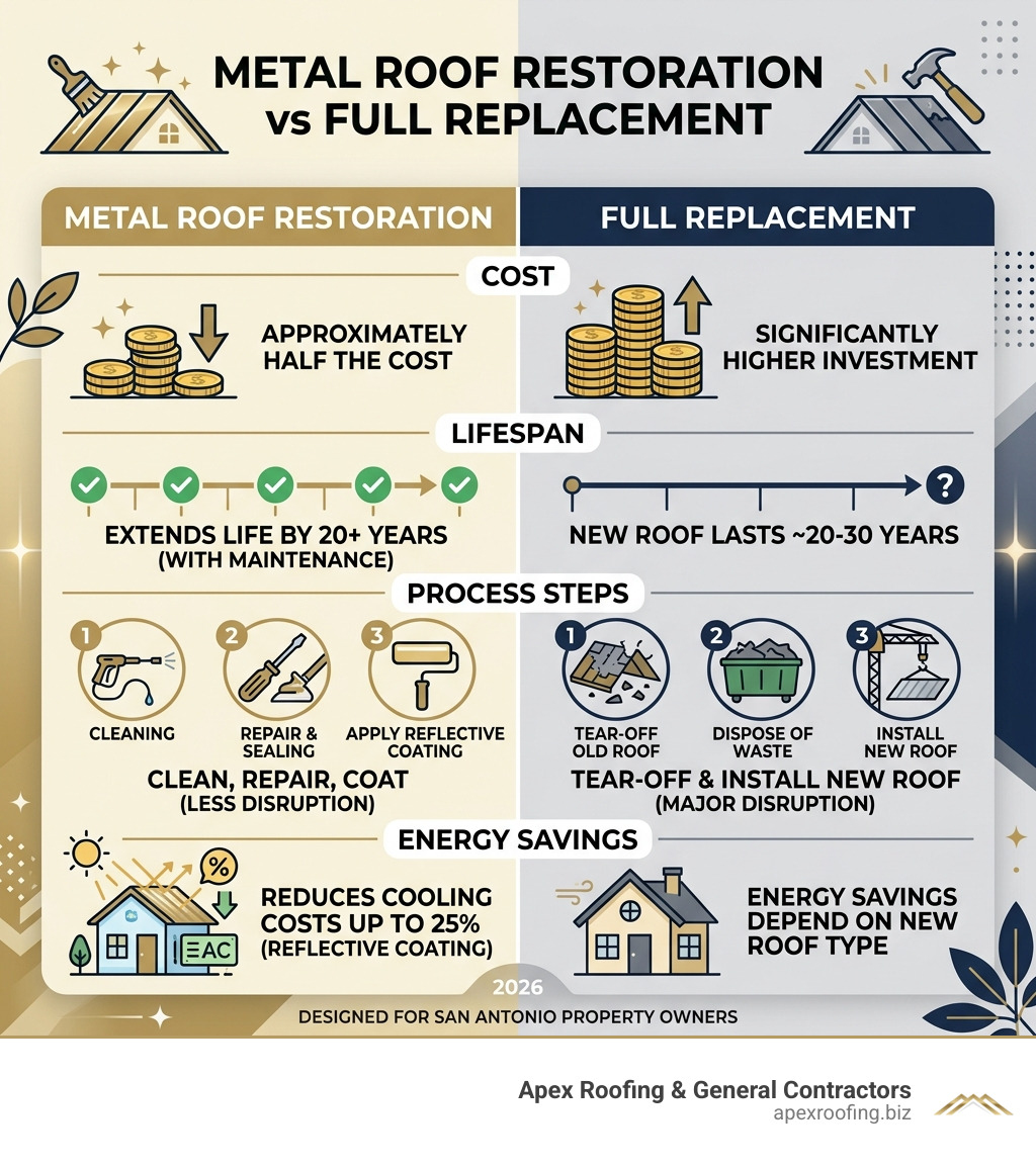 Infographic comparing metal roof restoration vs full replacement: cost, lifespan, process steps, and energy savings - metal
