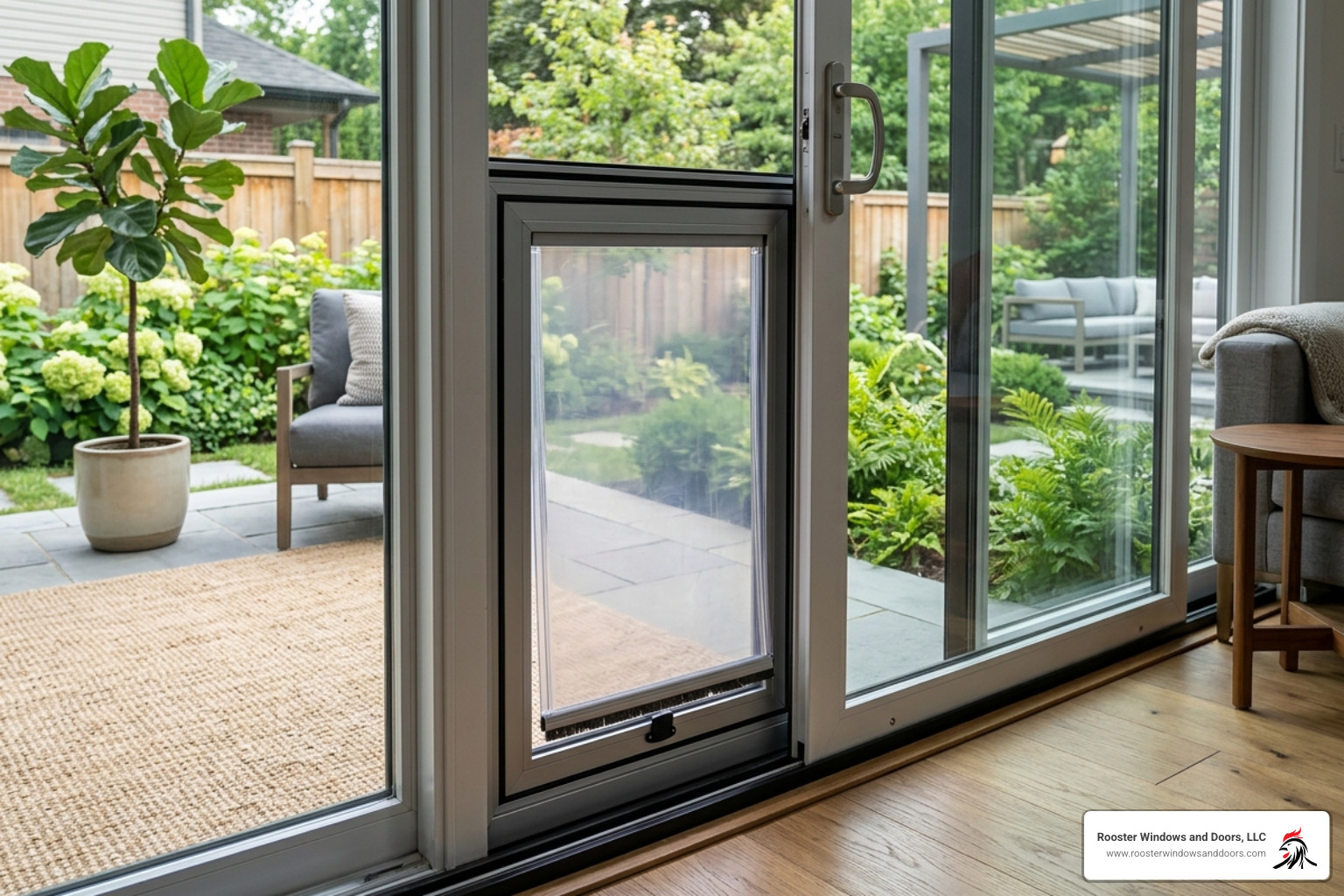 sleek aluminum pet door panel installed in a modern sliding glass door - pet door insert for sliding glass door