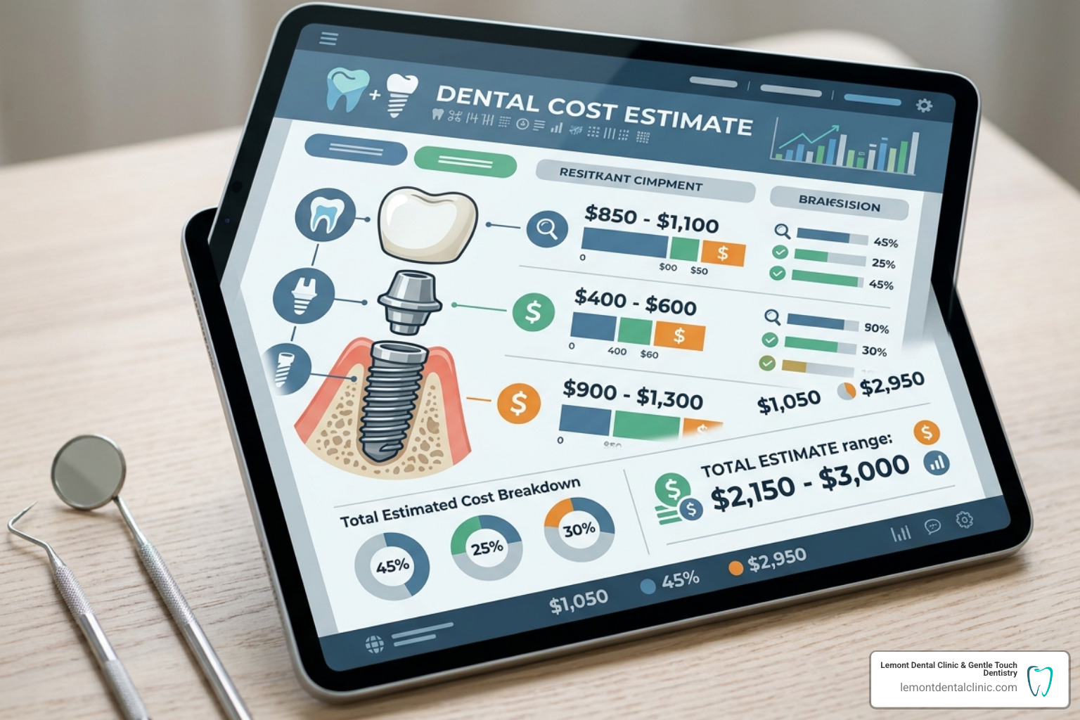 Digital interface showing dental cost estimates and surgical components - dental implant cost calculator