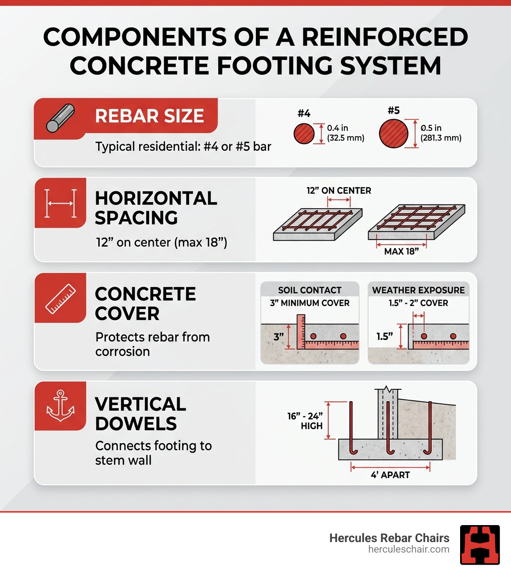 Components of a reinforced concrete footing system: rebar size, spacing, cover, and dowels - footing rebar placement Components of a reinforced concrete footing system: rebar size, spacing, cover, and dowels - footing rebar placement
