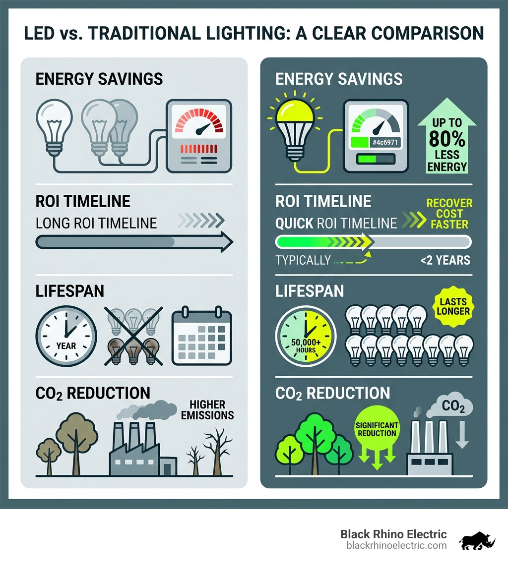 Infographic showing LED vs traditional lighting: energy savings, ROI timeline, lifespan, and CO2 reduction - commercial led