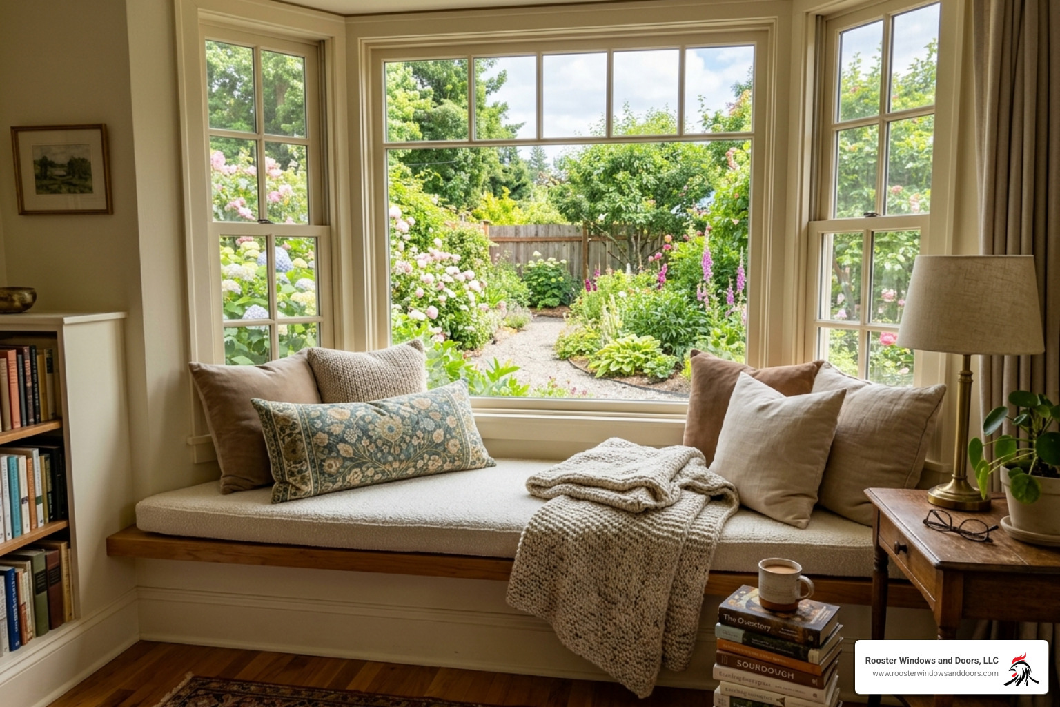 A cozy reading nook built into a cream bay window with soft pillows and a view of a garden - cream bay windows