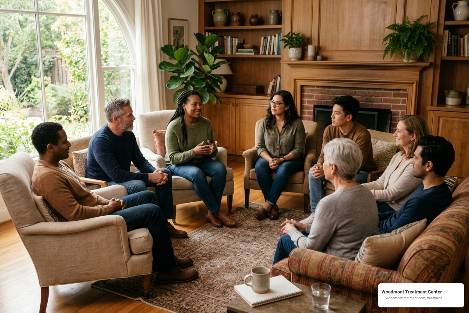A warm, therapeutic group therapy setting with comfortable seating and natural light, avoiding a clinical look - new jersey