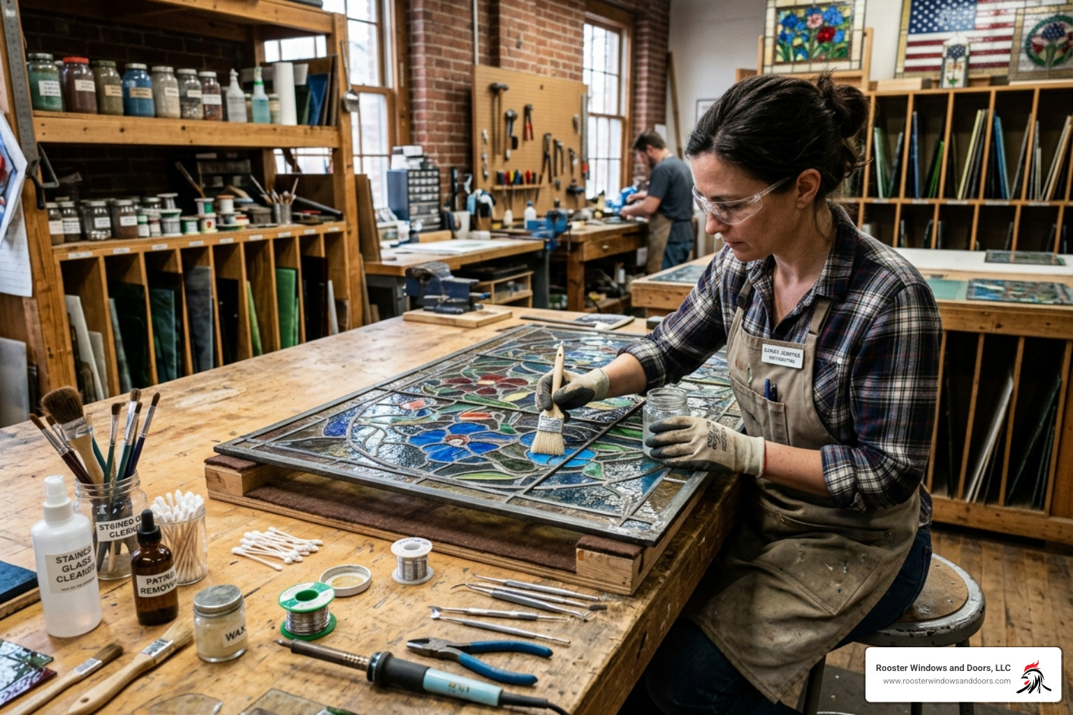 Artisan carefully cleaning and restoring an antique stained glass panel - stained glass transom