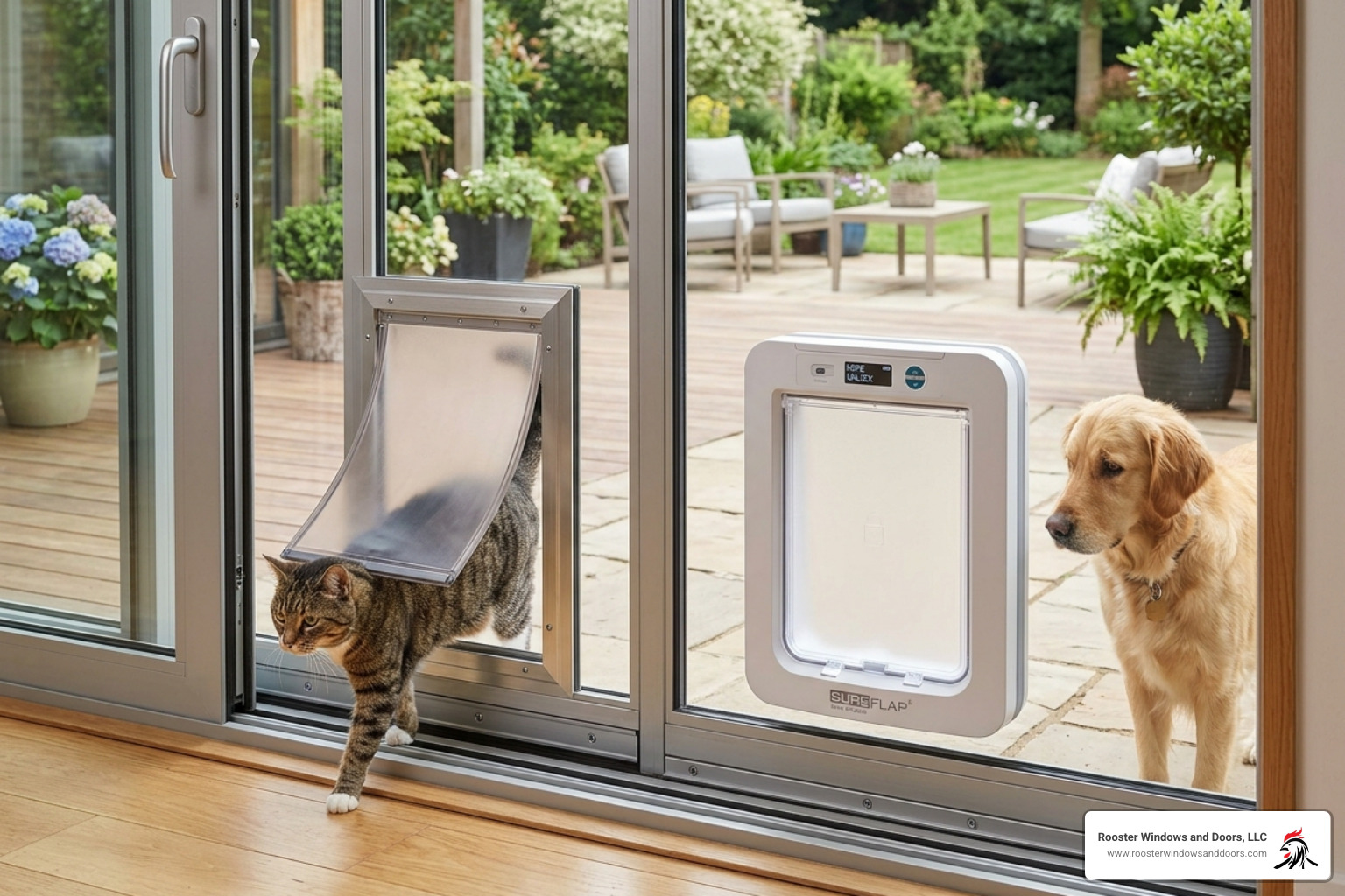 Different styles of pet door panels including aluminum and smart versions - pet doors for sliding doors