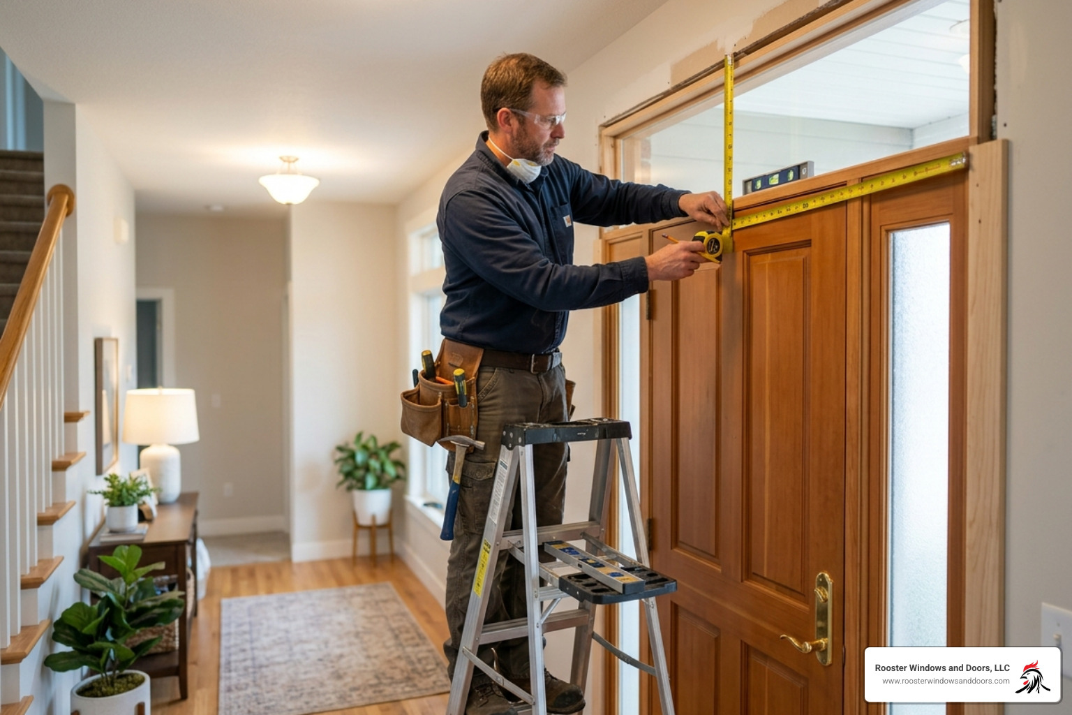 Professional window installer measuring an entryway for a custom transom window - stained glass transom