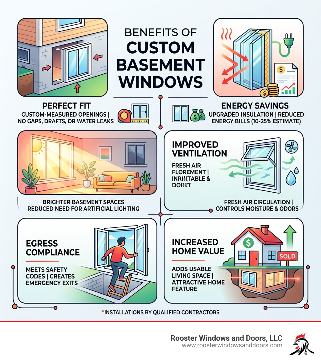 Infographic showing benefits of custom basement windows: perfect fit, energy savings, natural light, ventilation, egress