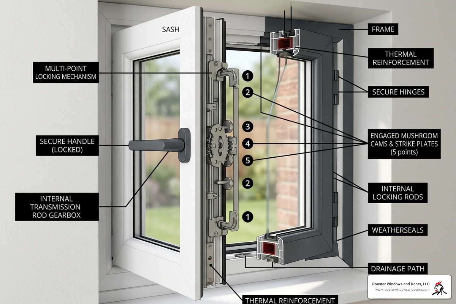 Diagram of a multi-point locking system on a high performance casement window - high performance casement windows Diagram of a multi-point locking system on a high performance casement window - high performance casement windows