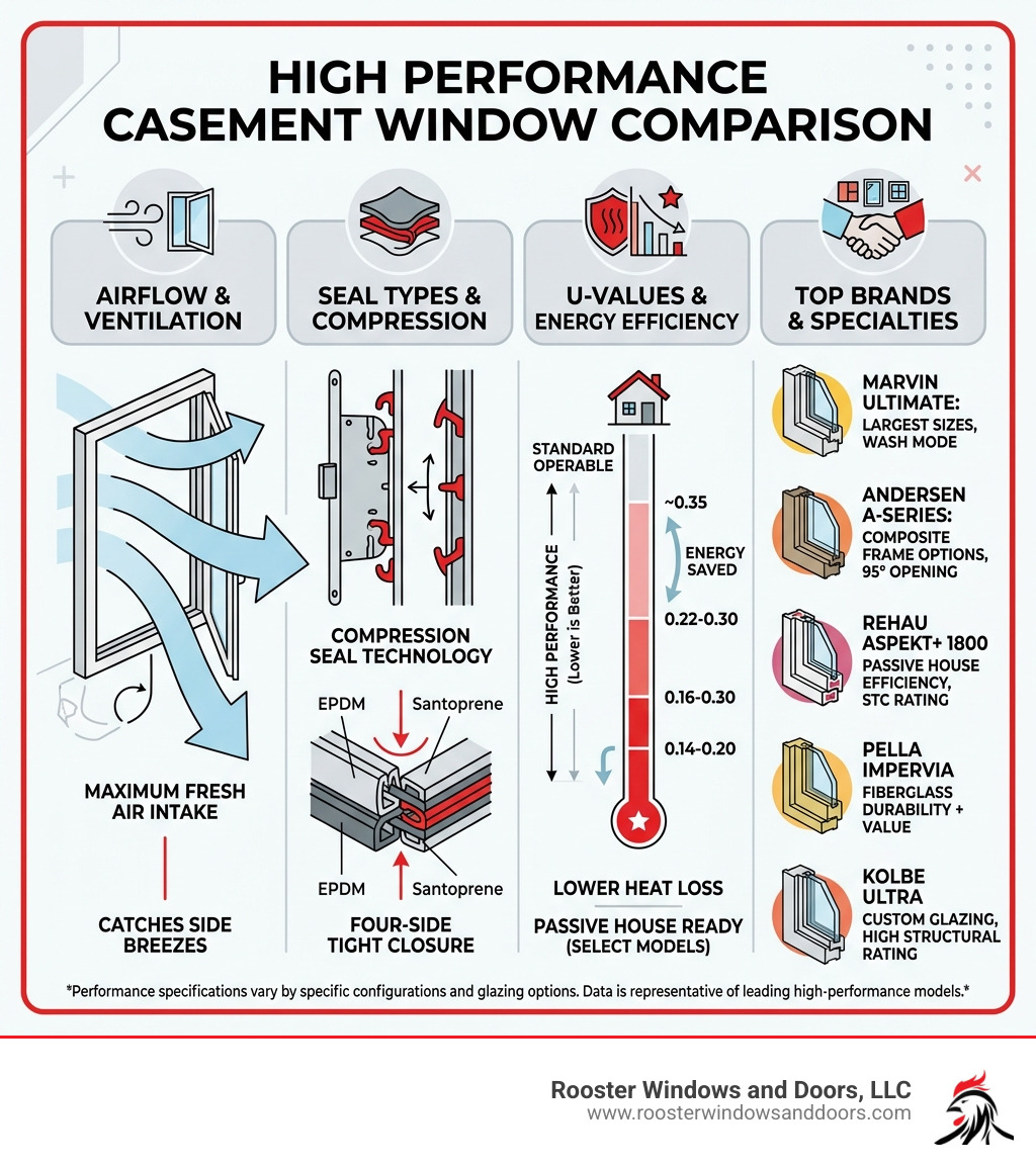 Infographic comparing casement window airflow, seal types, U-values, and top brands side by side - high performance casement Infographic comparing casement window airflow, seal types, U-values, and top brands side by side - high performance casement