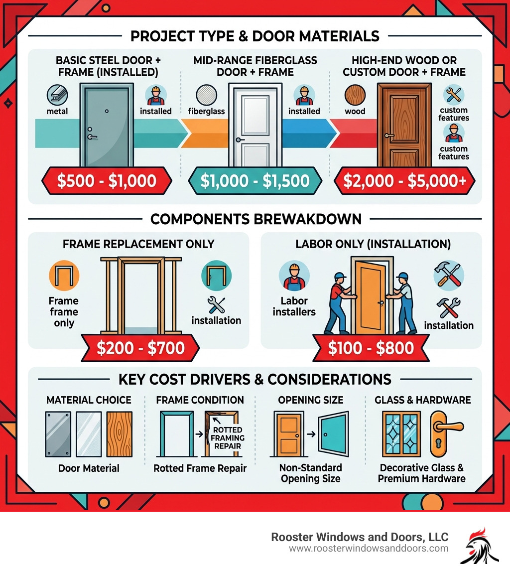 Infographic showing cost breakdown of exterior door and frame replacement by type, material, and labor - cost of replacing
