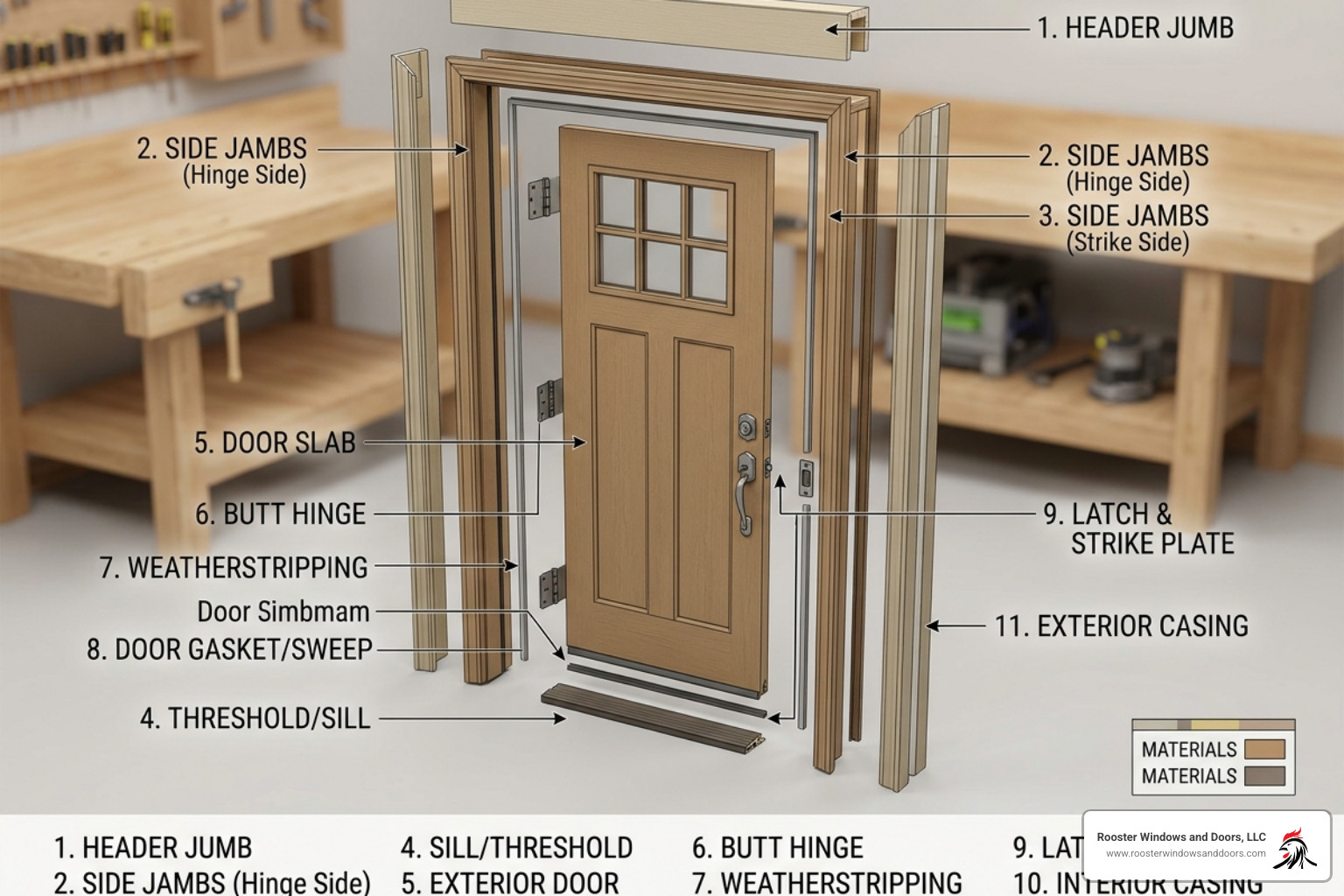 Diagram showing components of a pre-hung door system including jamb, sill, and weatherstripping - cost of replacing exterior